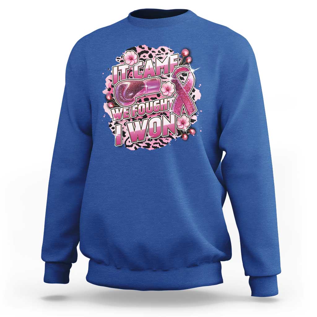 Breast Cancer Awareness Sweatshirt It Came We Fought I Won Boxing Gloves Pink Ribbon Flowers Leopard - Wonder Print Shop