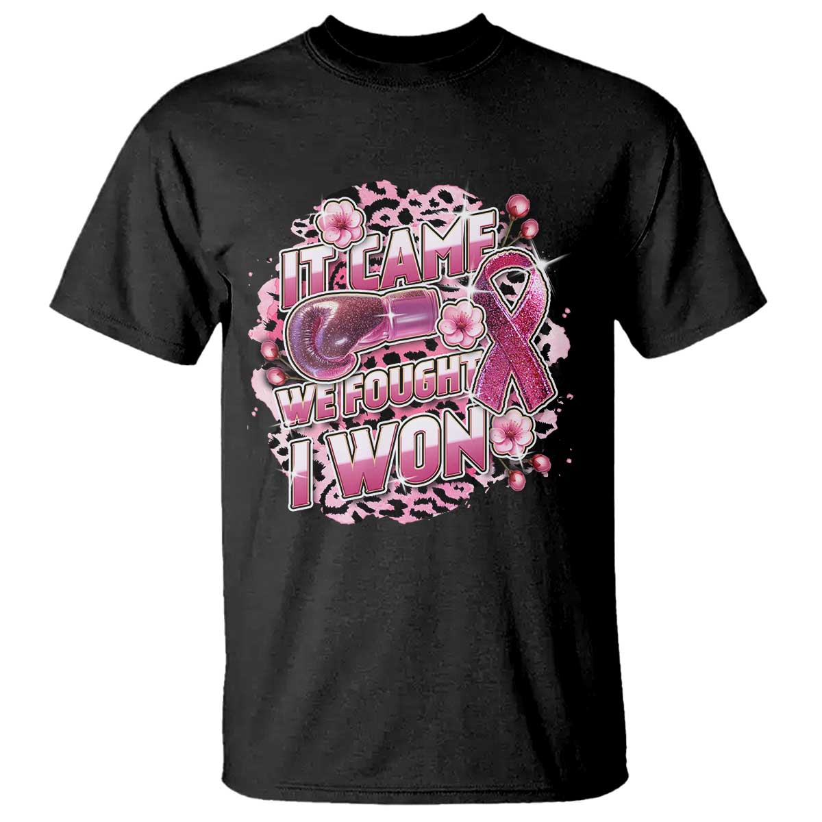 Breast Cancer Awareness T Shirt It Came We Fought I Won Boxing Gloves Pink Ribbon Flowers Leopard - Wonder Print Shop