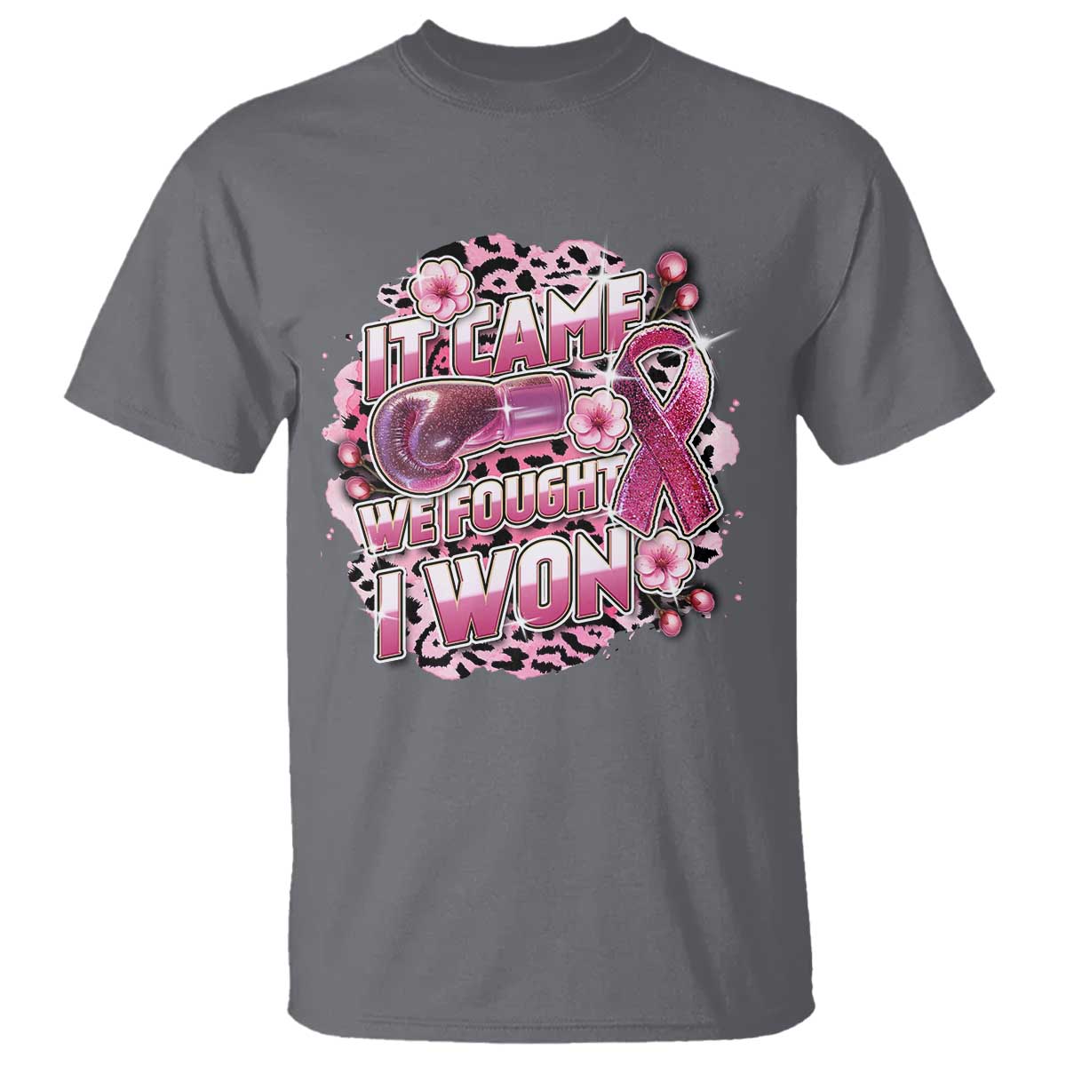 Breast Cancer Awareness T Shirt It Came We Fought I Won Boxing Gloves Pink Ribbon Flowers Leopard - Wonder Print Shop