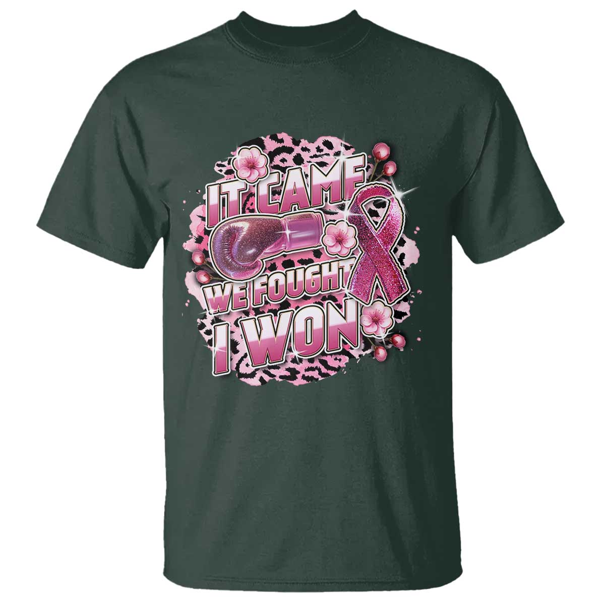 Breast Cancer Awareness T Shirt It Came We Fought I Won Boxing Gloves Pink Ribbon Flowers Leopard - Wonder Print Shop