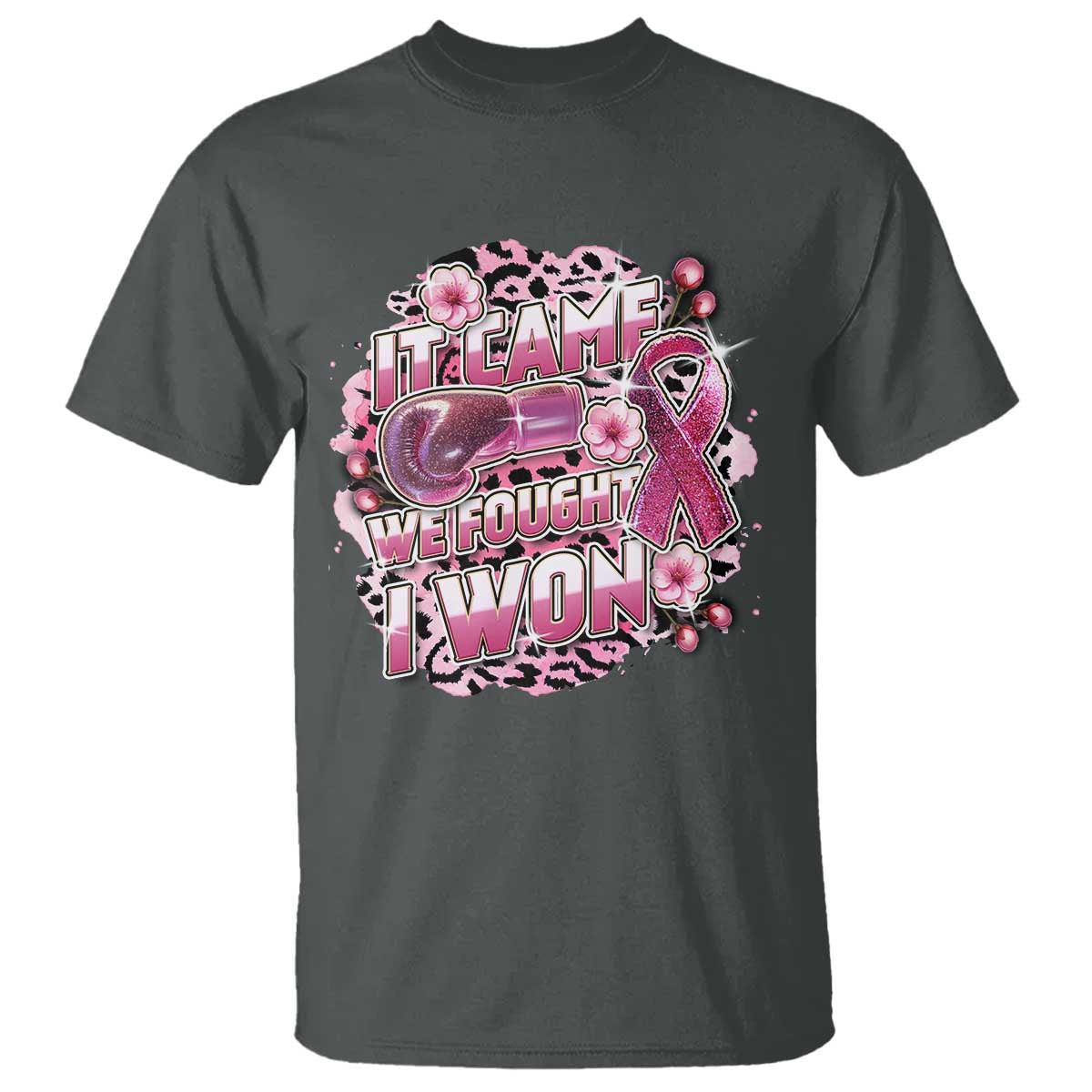 Breast Cancer Awareness T Shirt It Came We Fought I Won Boxing Gloves Pink Ribbon Flowers Leopard - Wonder Print Shop