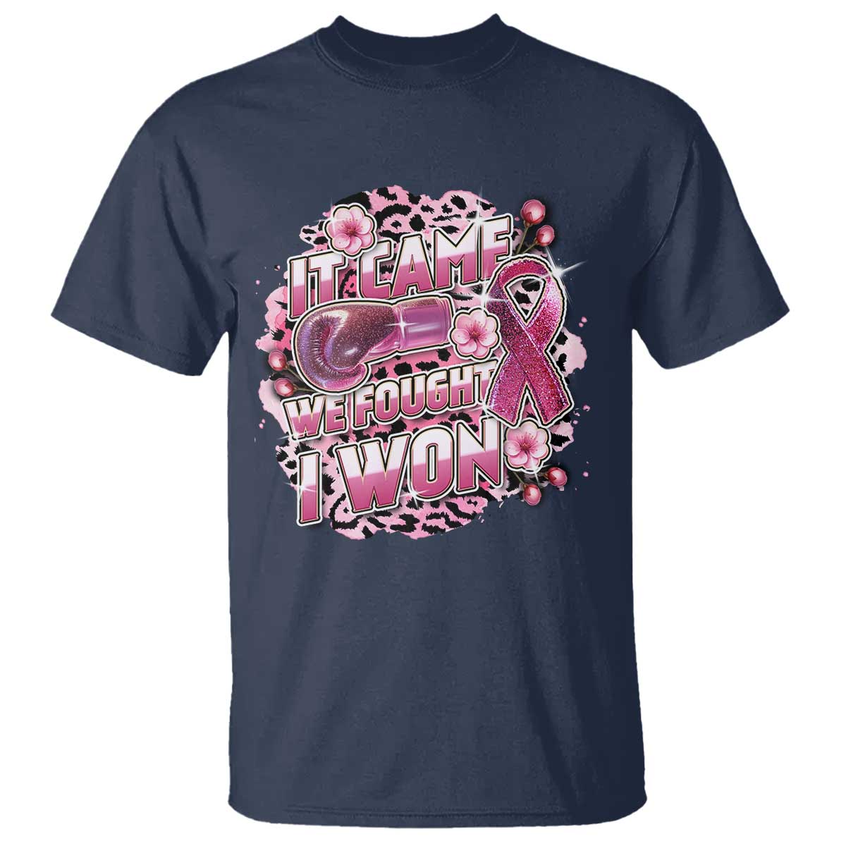 Breast Cancer Awareness T Shirt It Came We Fought I Won Boxing Gloves Pink Ribbon Flowers Leopard - Wonder Print Shop