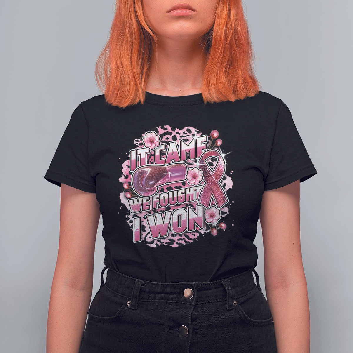 Breast Cancer Awareness T Shirt For Women It Came We Fought I Won Boxing Gloves Pink Ribbon Flowers Leopard - Wonder Print Shop