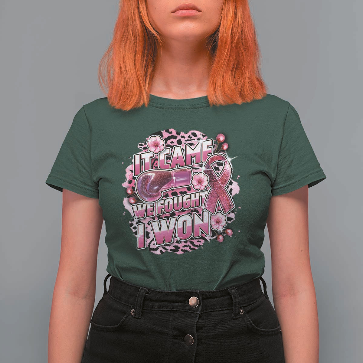 Breast Cancer Awareness T Shirt For Women It Came We Fought I Won Boxing Gloves Pink Ribbon Flowers Leopard - Wonder Print Shop