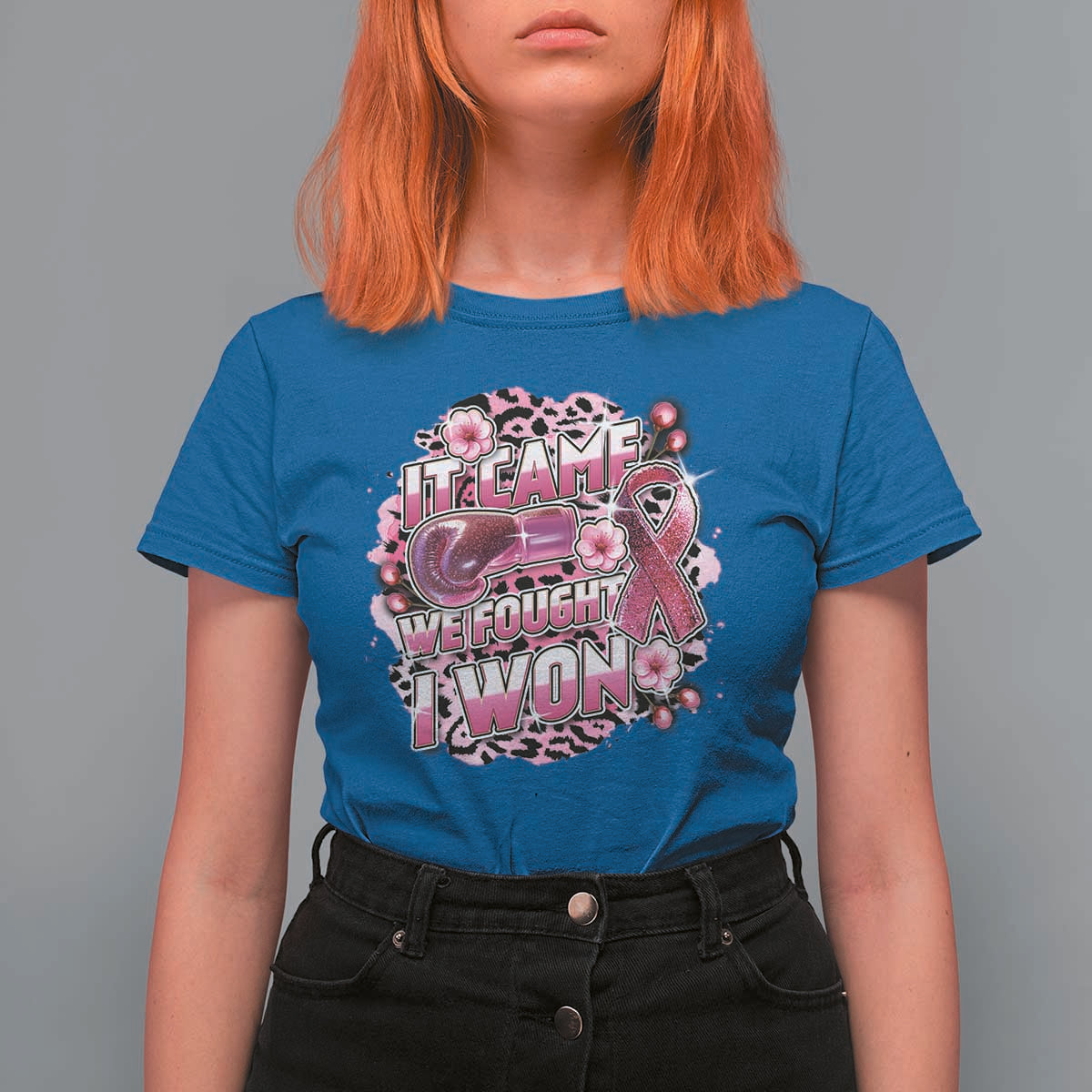 Breast Cancer Awareness T Shirt For Women It Came We Fought I Won Boxing Gloves Pink Ribbon Flowers Leopard - Wonder Print Shop