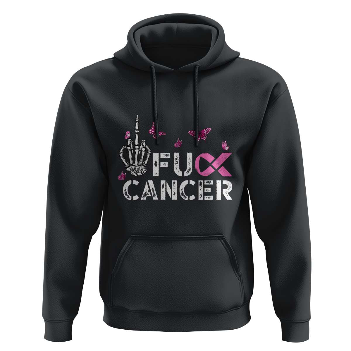 Breast Cancer Awareness Hoodie Fuck Cancer Pink Ribbon Skeleton Hand Butterfly - Wonder Print Shop