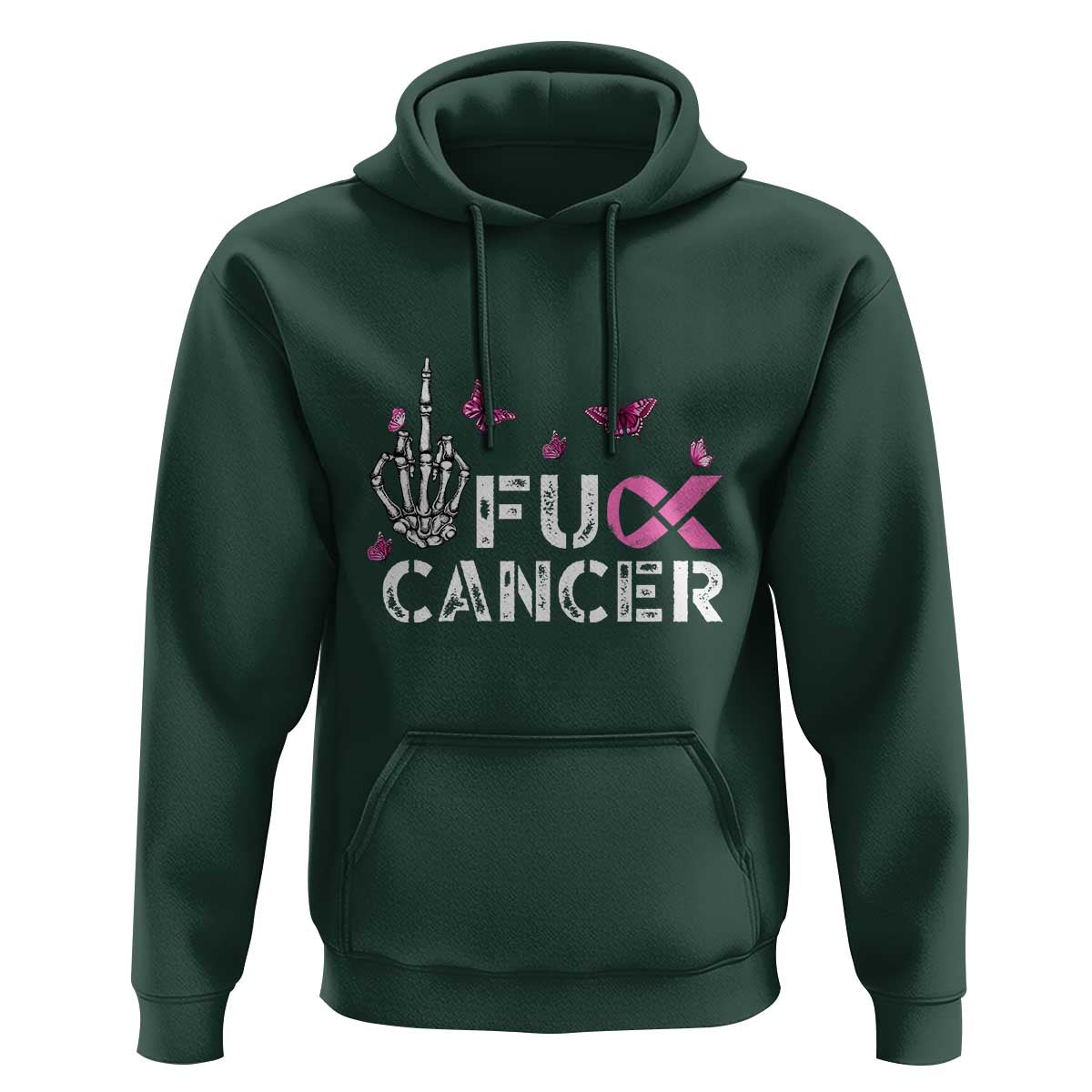 Breast Cancer Awareness Hoodie Fuck Cancer Pink Ribbon Skeleton Hand Butterfly - Wonder Print Shop