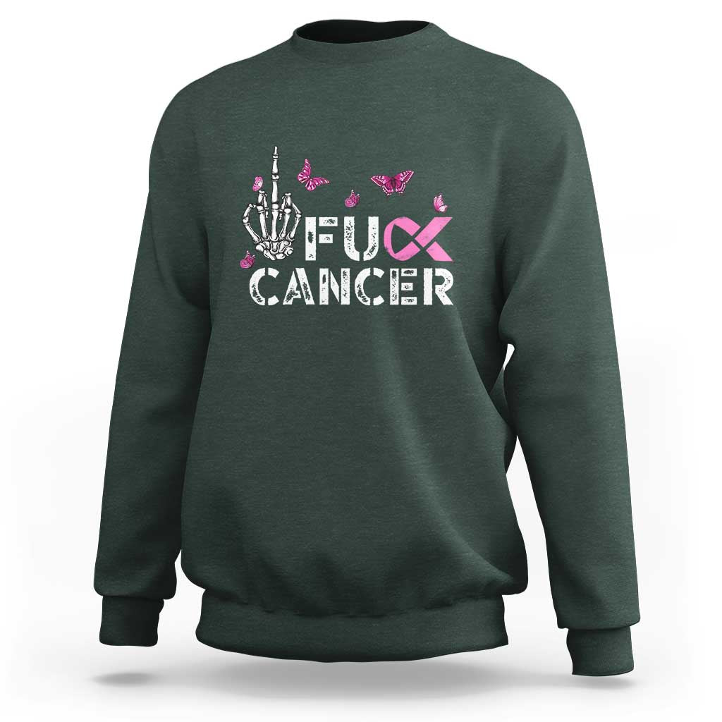 Breast Cancer Awareness Sweatshirt Fuck Cancer Pink Ribbon Skeleton Hand Butterfly - Wonder Print Shop