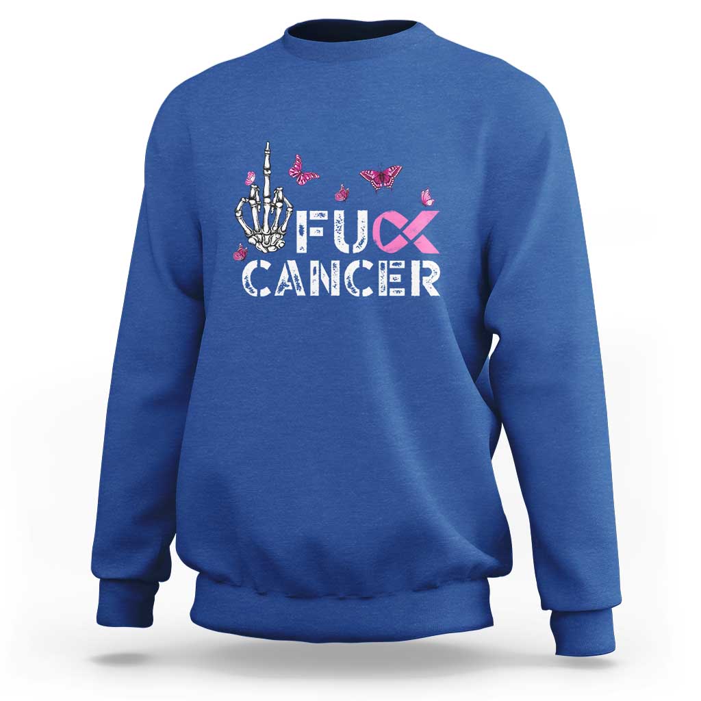 Breast Cancer Awareness Sweatshirt Fuck Cancer Pink Ribbon Skeleton Hand Butterfly - Wonder Print Shop
