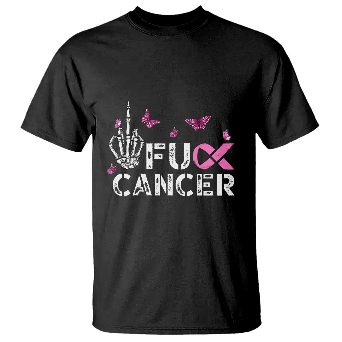 Breast Cancer Awareness T Shirt Fuck Cancer Pink Ribbon Skeleton Hand Butterfly - Wonder Print Shop