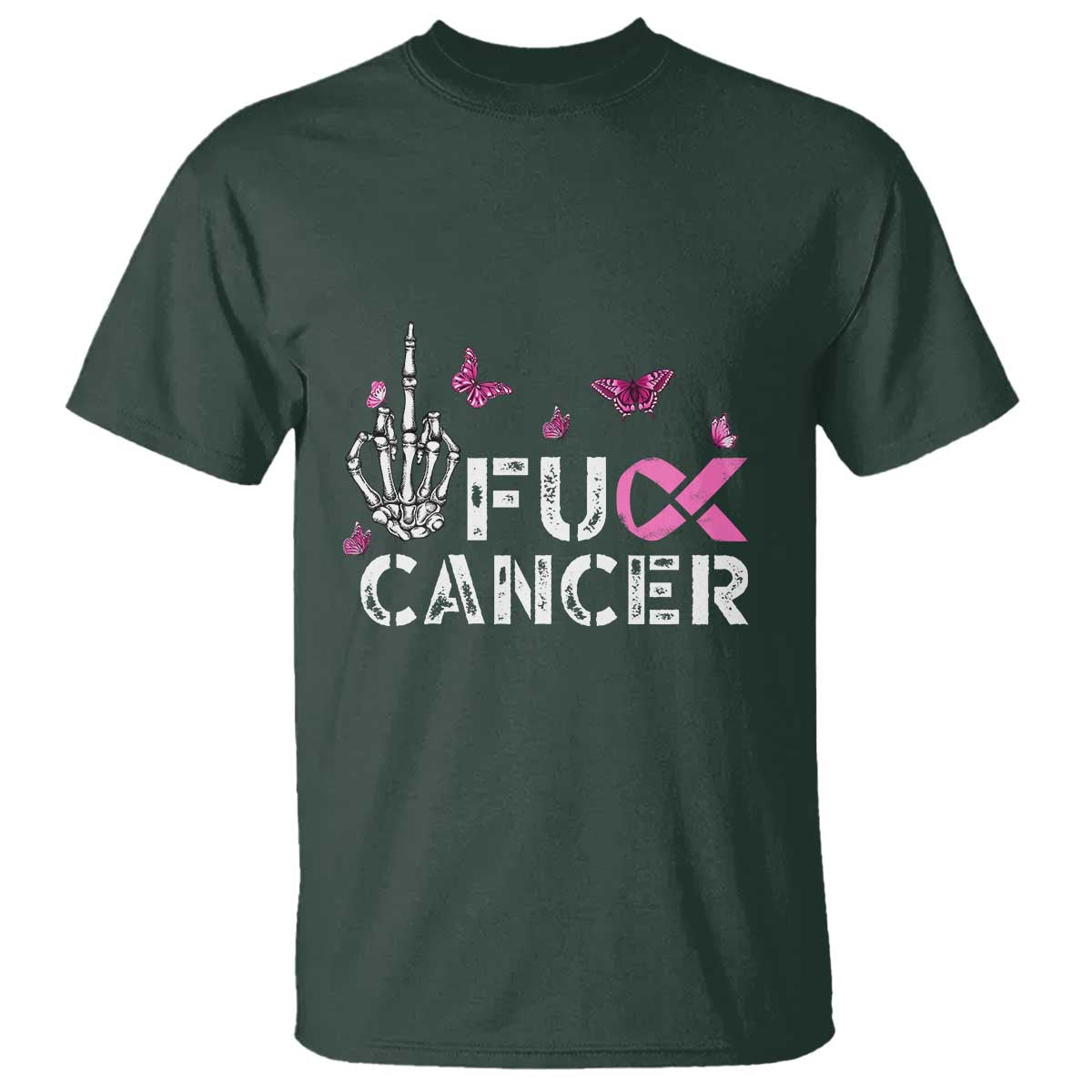Breast Cancer Awareness T Shirt Fuck Cancer Pink Ribbon Skeleton Hand Butterfly - Wonder Print Shop