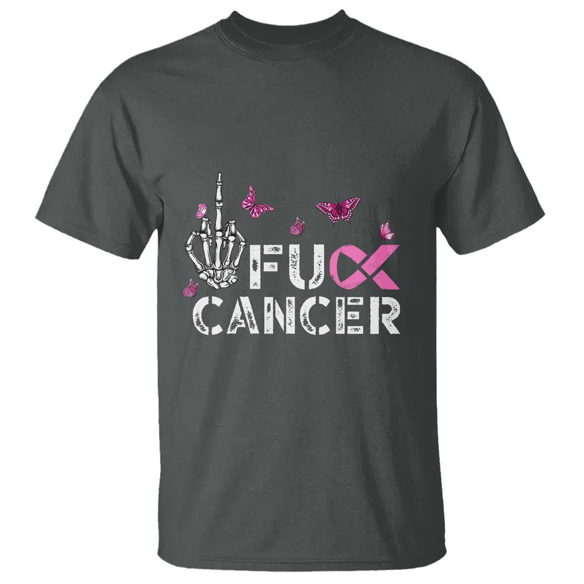 Breast Cancer Awareness T Shirt Fuck Cancer Pink Ribbon Skeleton Hand Butterfly - Wonder Print Shop