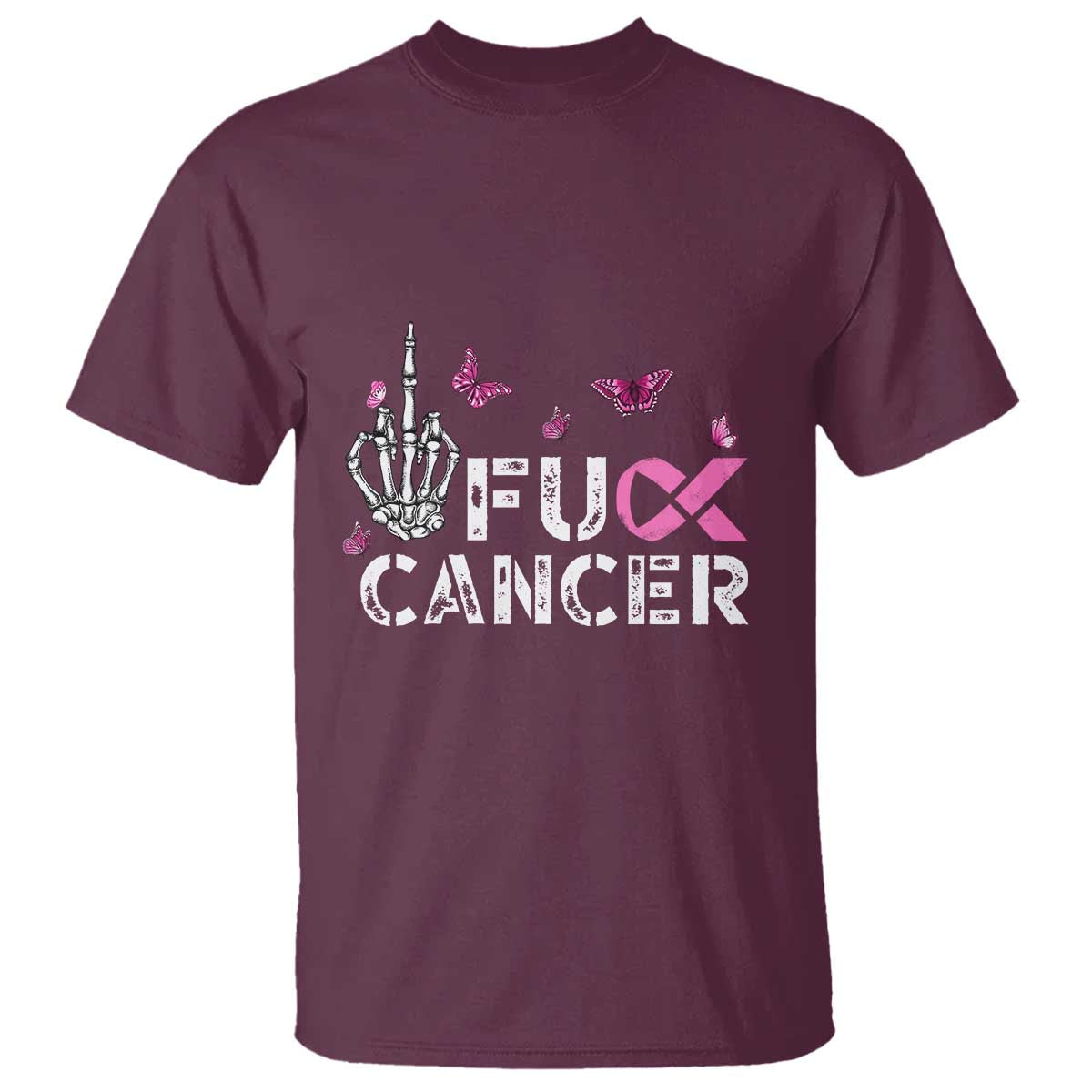 Breast Cancer Awareness T Shirt Fuck Cancer Pink Ribbon Skeleton Hand Butterfly - Wonder Print Shop