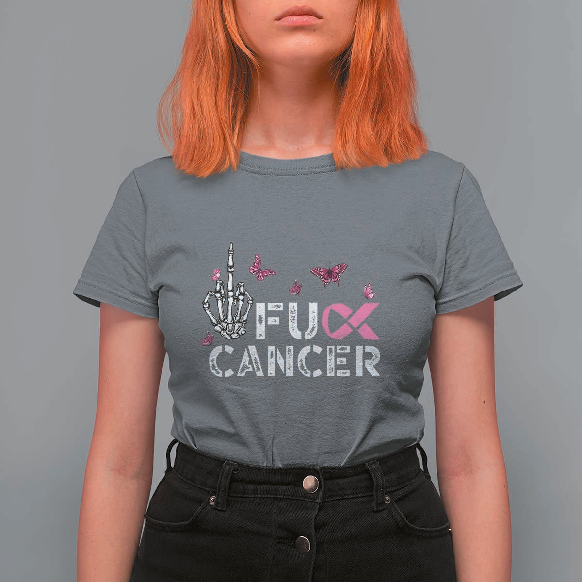 Breast Cancer Awareness T Shirt For Women Fuck Cancer Pink Ribbon Skeleton Hand Butterfly - Wonder Print Shop