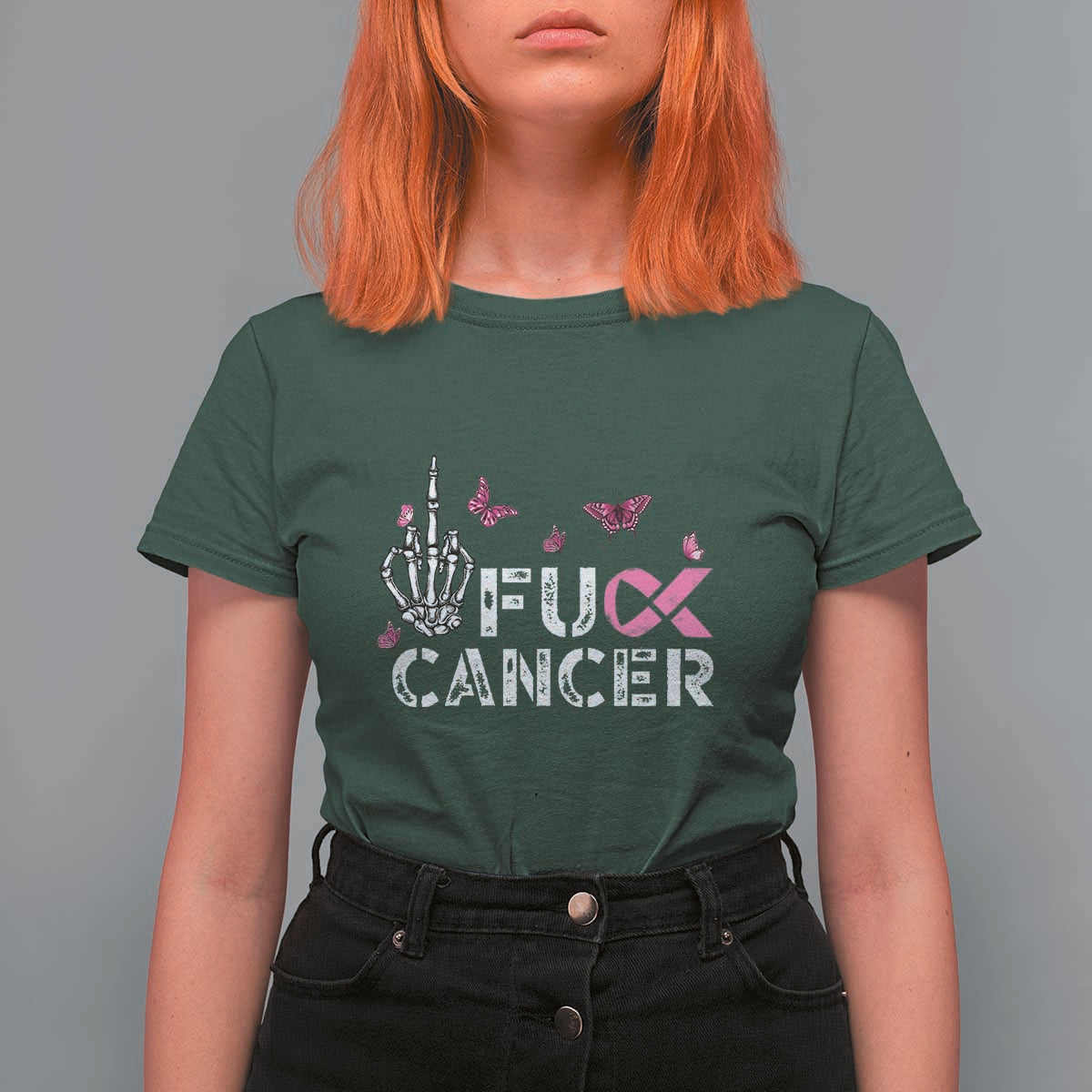 Breast Cancer Awareness T Shirt For Women Fuck Cancer Pink Ribbon Skeleton Hand Butterfly - Wonder Print Shop