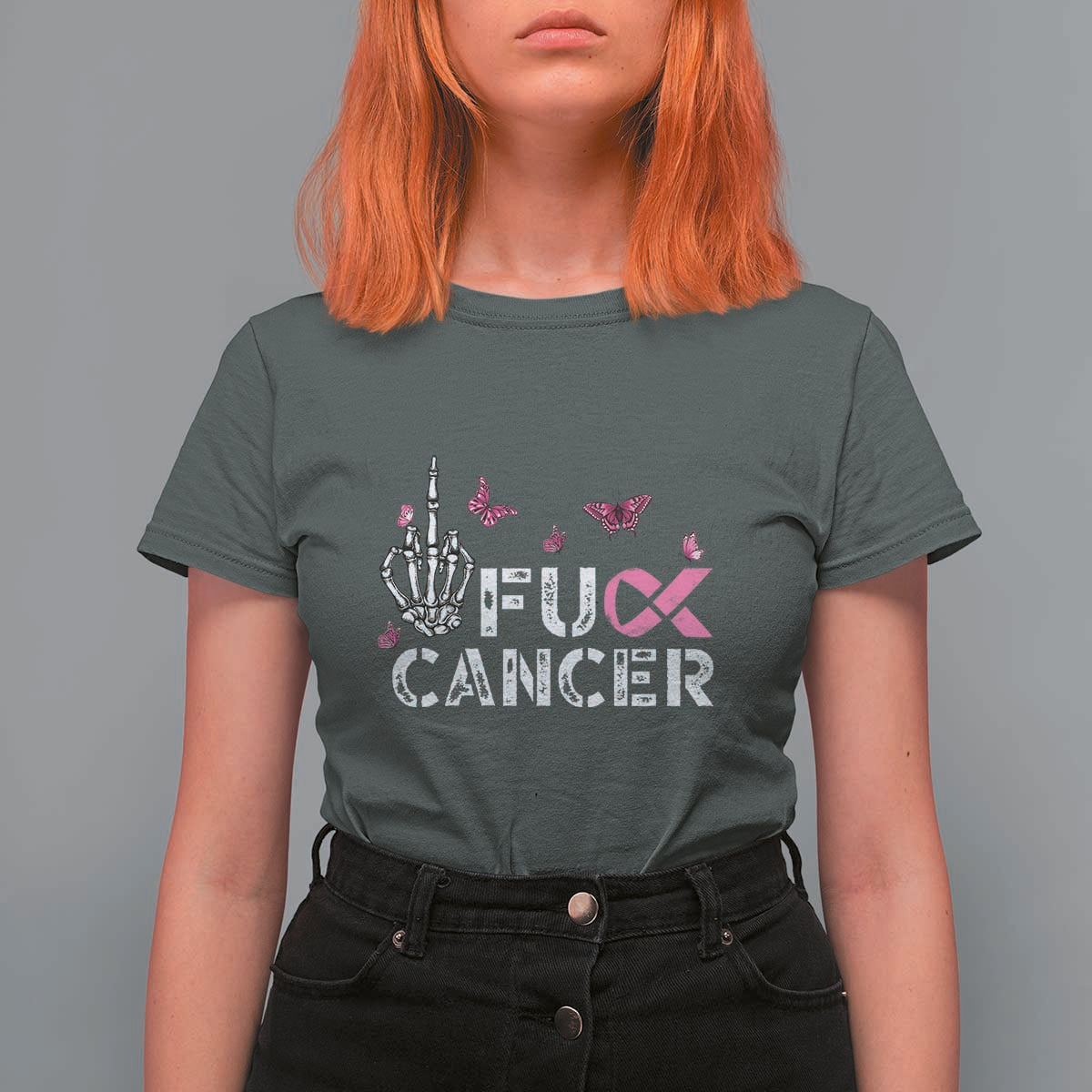 Breast Cancer Awareness T Shirt For Women Fuck Cancer Pink Ribbon Skeleton Hand Butterfly - Wonder Print Shop