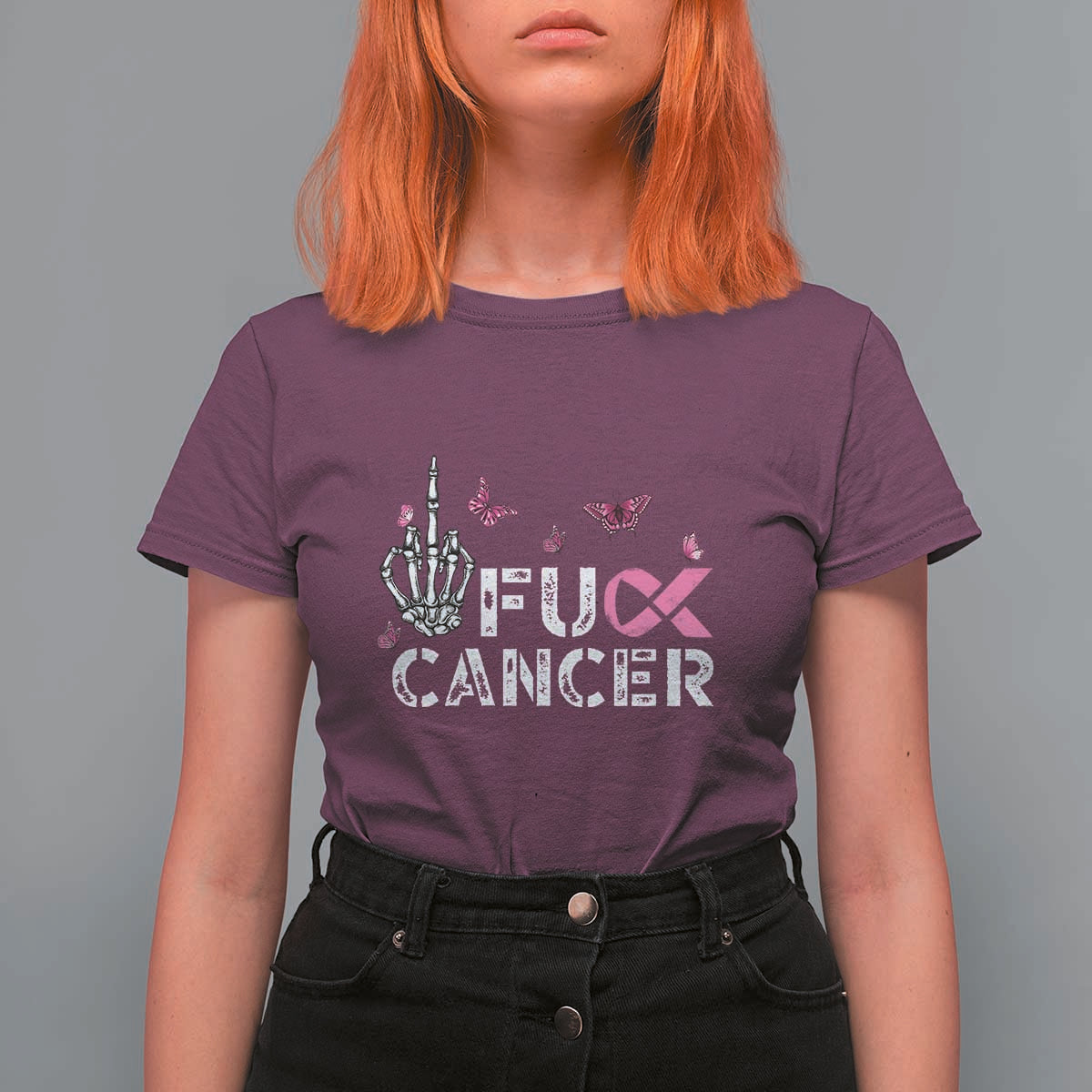 Breast Cancer Awareness T Shirt For Women Fuck Cancer Pink Ribbon Skeleton Hand Butterfly - Wonder Print Shop