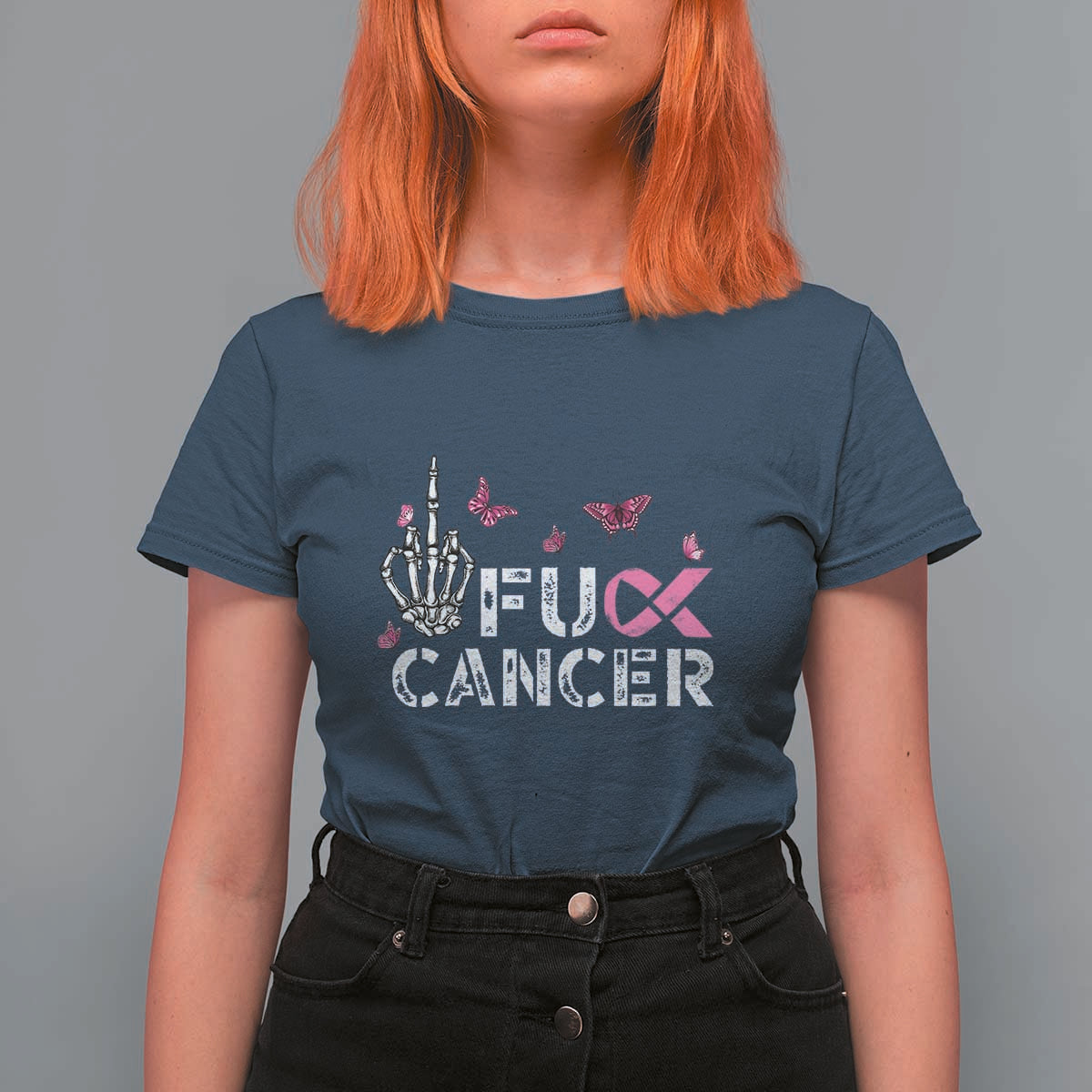 Breast Cancer Awareness T Shirt For Women Fuck Cancer Pink Ribbon Skeleton Hand Butterfly - Wonder Print Shop