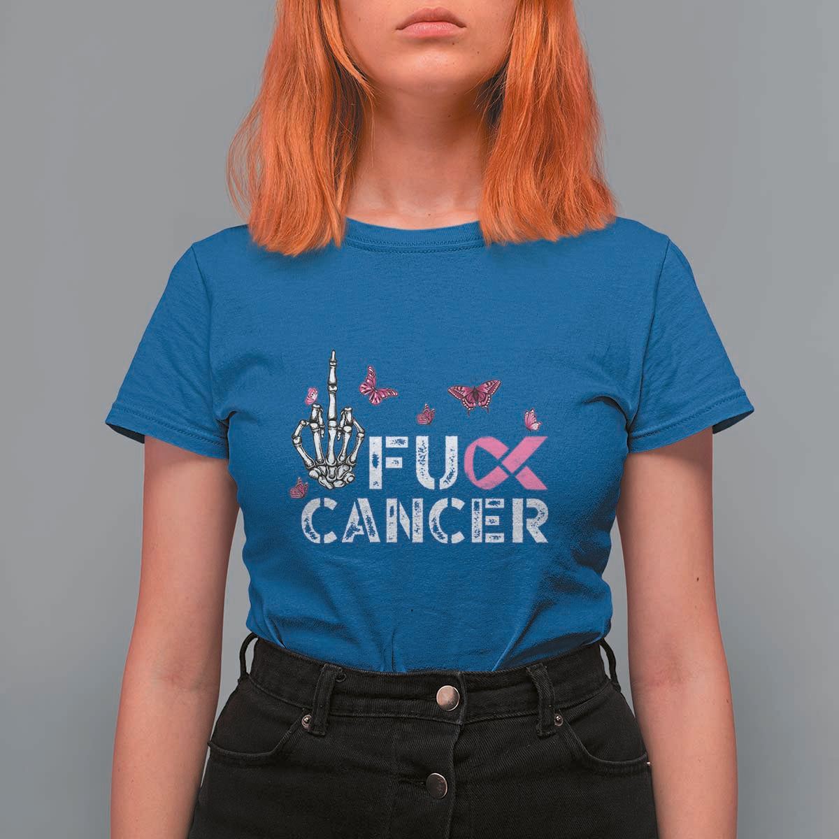Breast Cancer Awareness T Shirt For Women Fuck Cancer Pink Ribbon Skeleton Hand Butterfly - Wonder Print Shop