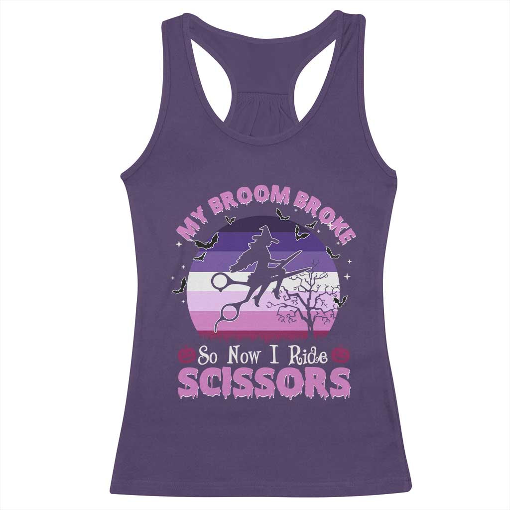 Funny Lesbian Witch Halloween Racerback Tank Top My Broom Broke So Now I Ride Scissors - Wonder Print Shop