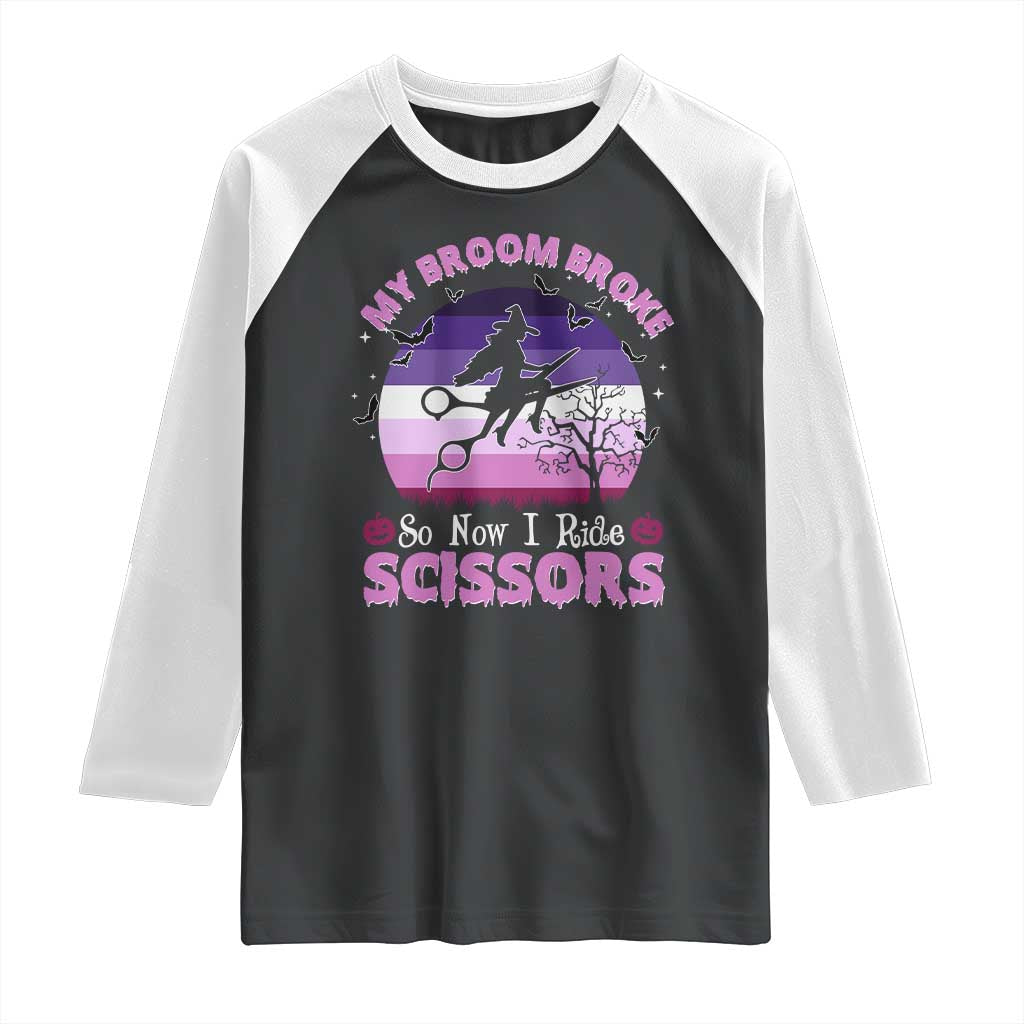 Funny Lesbian Witch Halloween Raglan Shirt My Broom Broke So Now I Ride Scissors - Wonder Print Shop