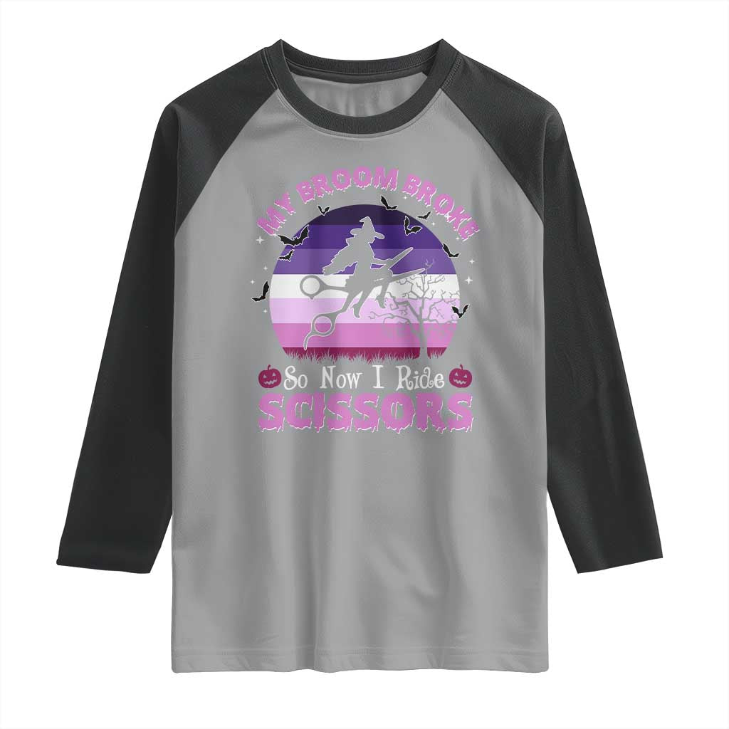 Funny Lesbian Witch Halloween Raglan Shirt My Broom Broke So Now I Ride Scissors - Wonder Print Shop