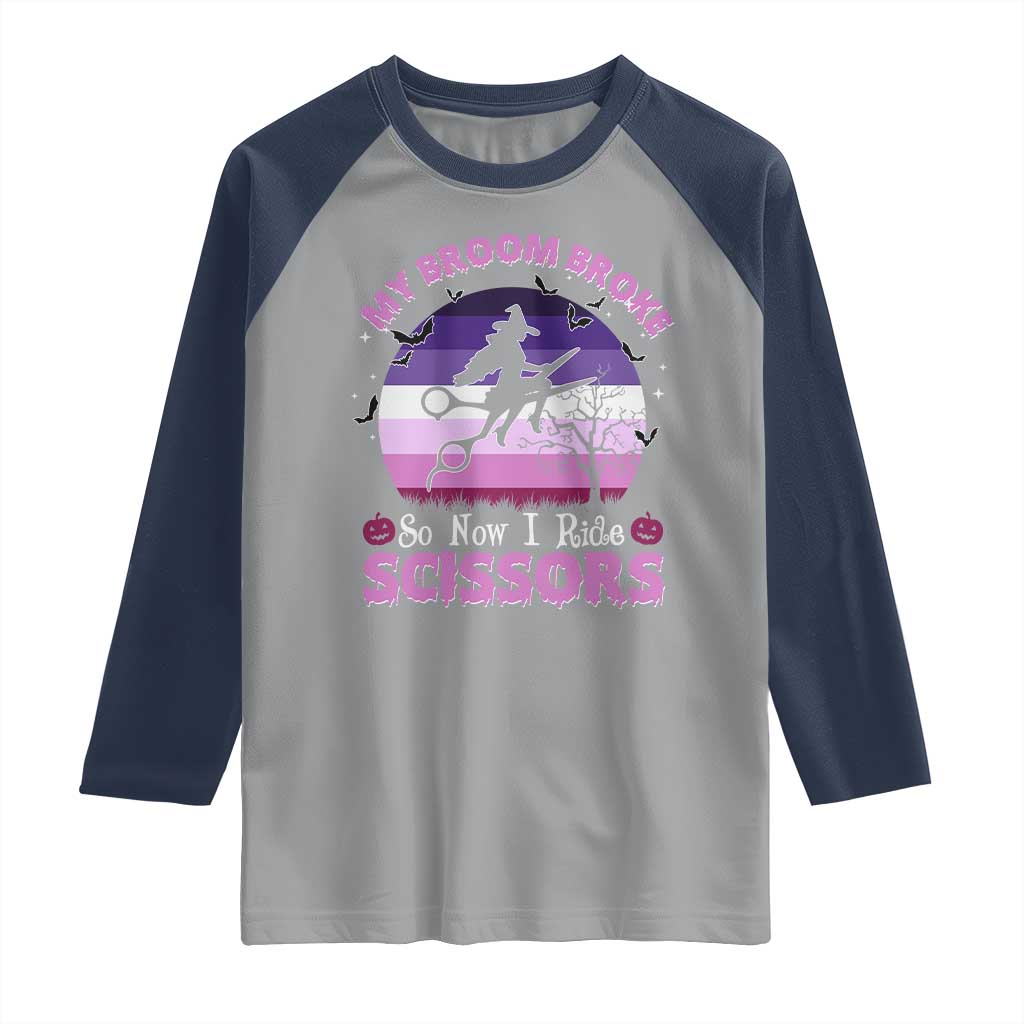 Funny Lesbian Witch Halloween Raglan Shirt My Broom Broke So Now I Ride Scissors - Wonder Print Shop
