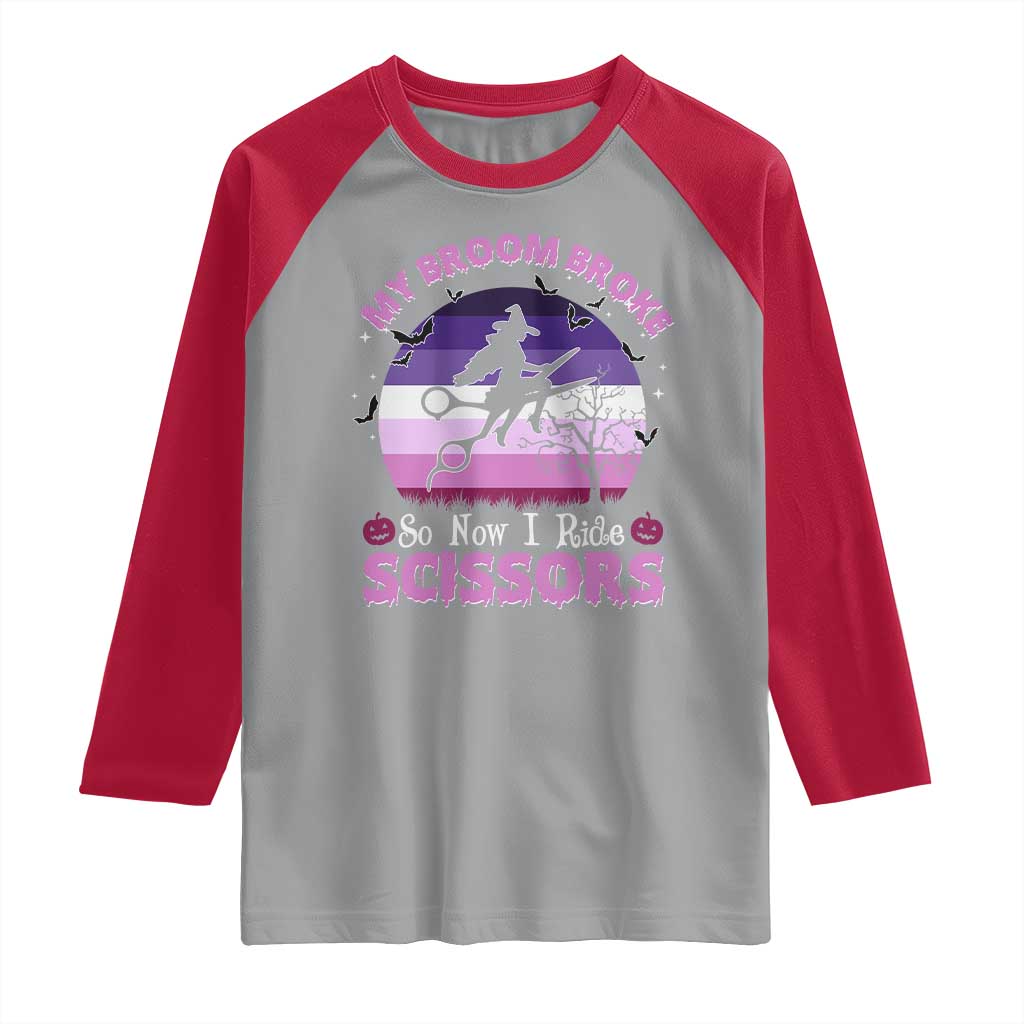 Funny Lesbian Witch Halloween Raglan Shirt My Broom Broke So Now I Ride Scissors - Wonder Print Shop