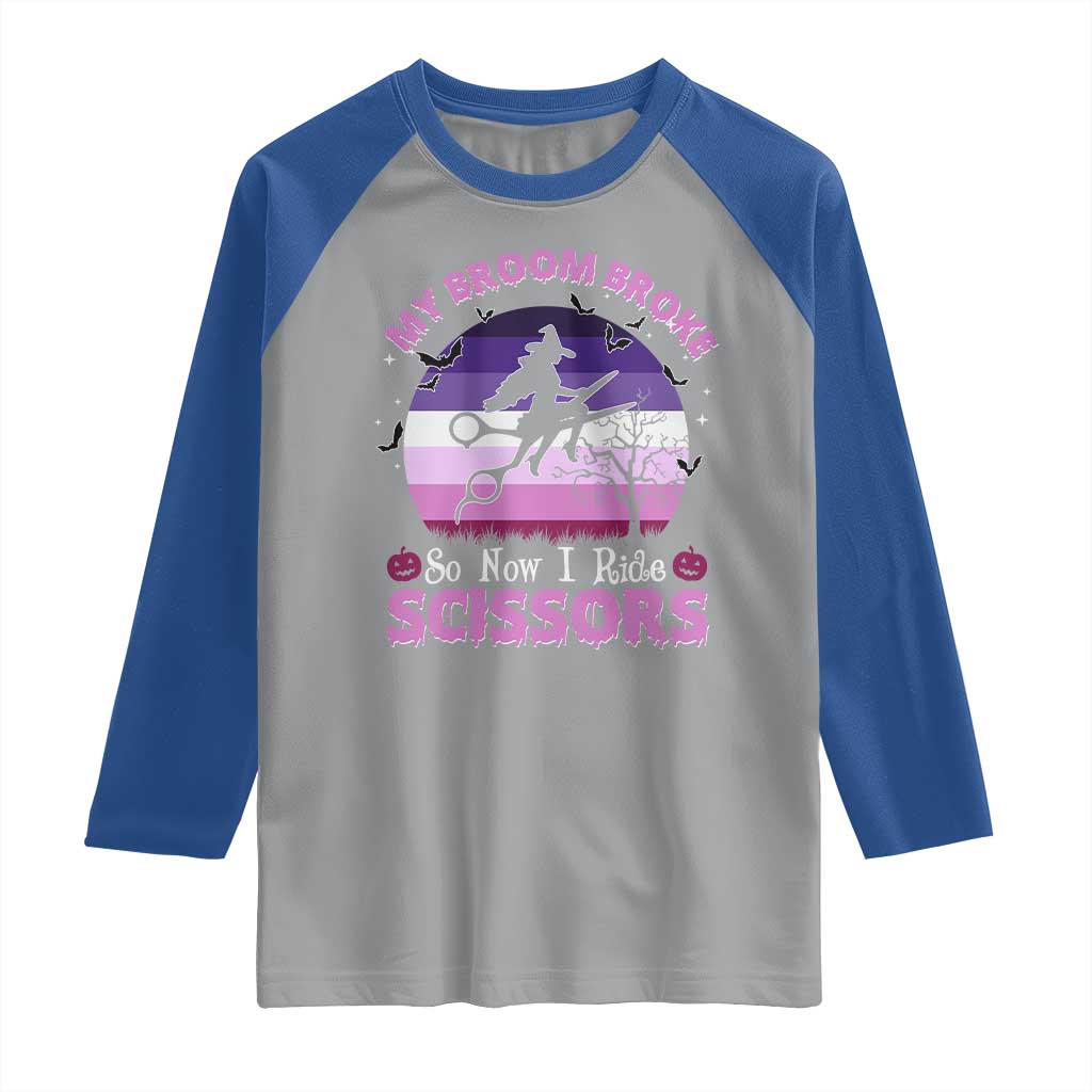 Funny Lesbian Witch Halloween Raglan Shirt My Broom Broke So Now I Ride Scissors - Wonder Print Shop