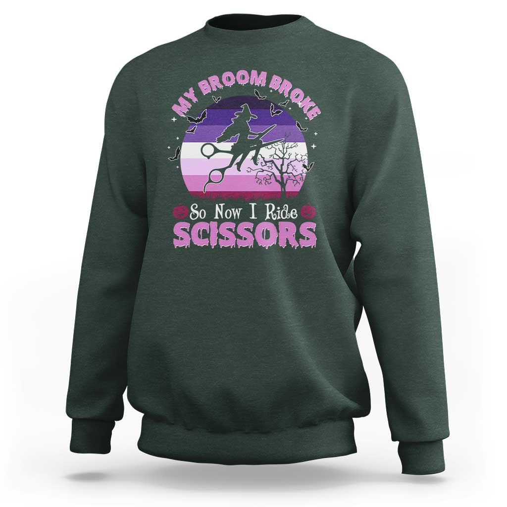 Funny Lesbian Witch Halloween Sweatshirt My Broom Broke So Now I Ride Scissors - Wonder Print Shop