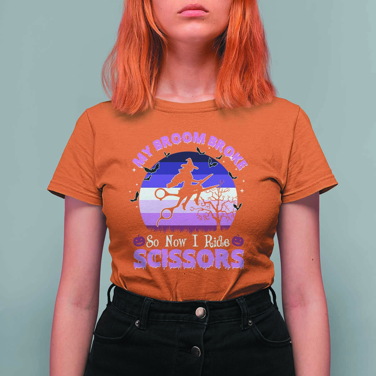 Funny Lesbian Witch Halloween T Shirt For Women My Broom Broke So Now I Ride Scissors - Wonder Print Shop