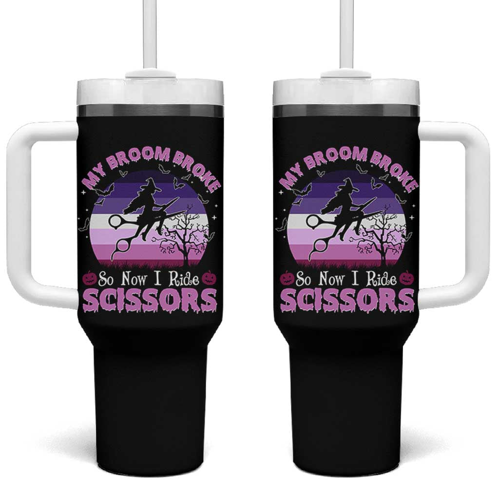 Funny Lesbian Witch Halloween Tumbler With Handle My Broom Broke So Now I Ride Scissors - Wonder Print Shop