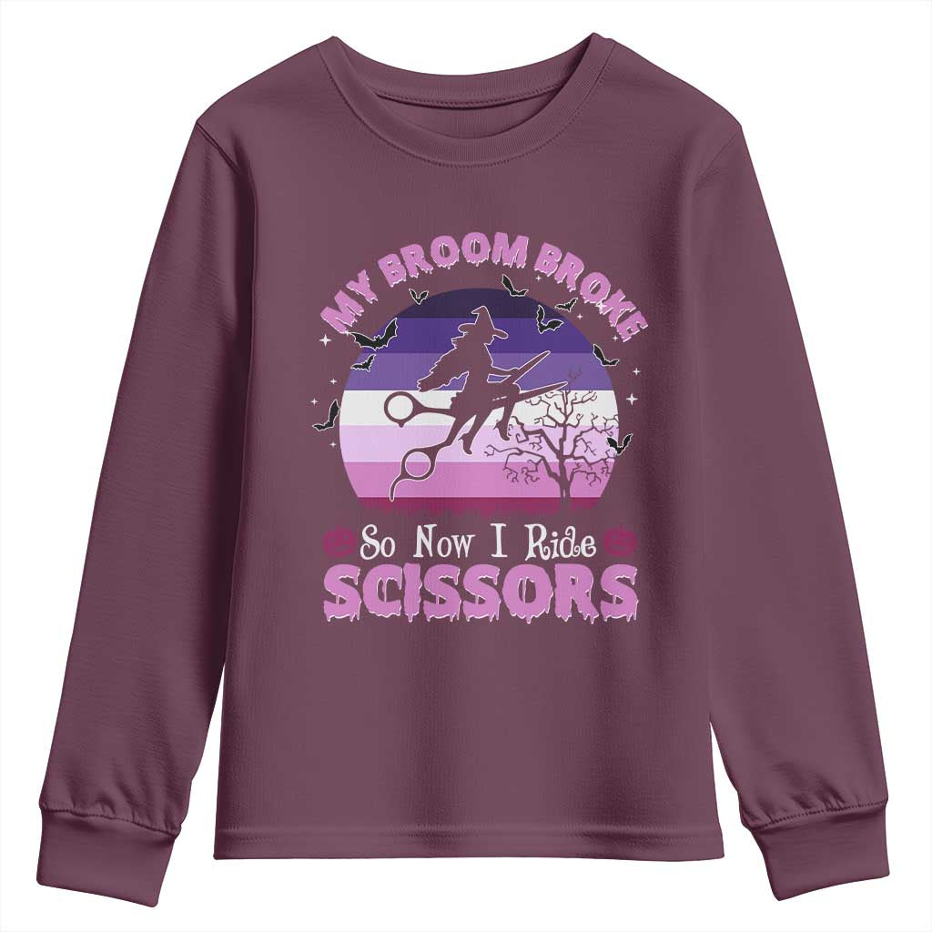 Funny Lesbian Witch Halloween Youth Sweatshirt My Broom Broke So Now I Ride Scissors - Wonder Print Shop