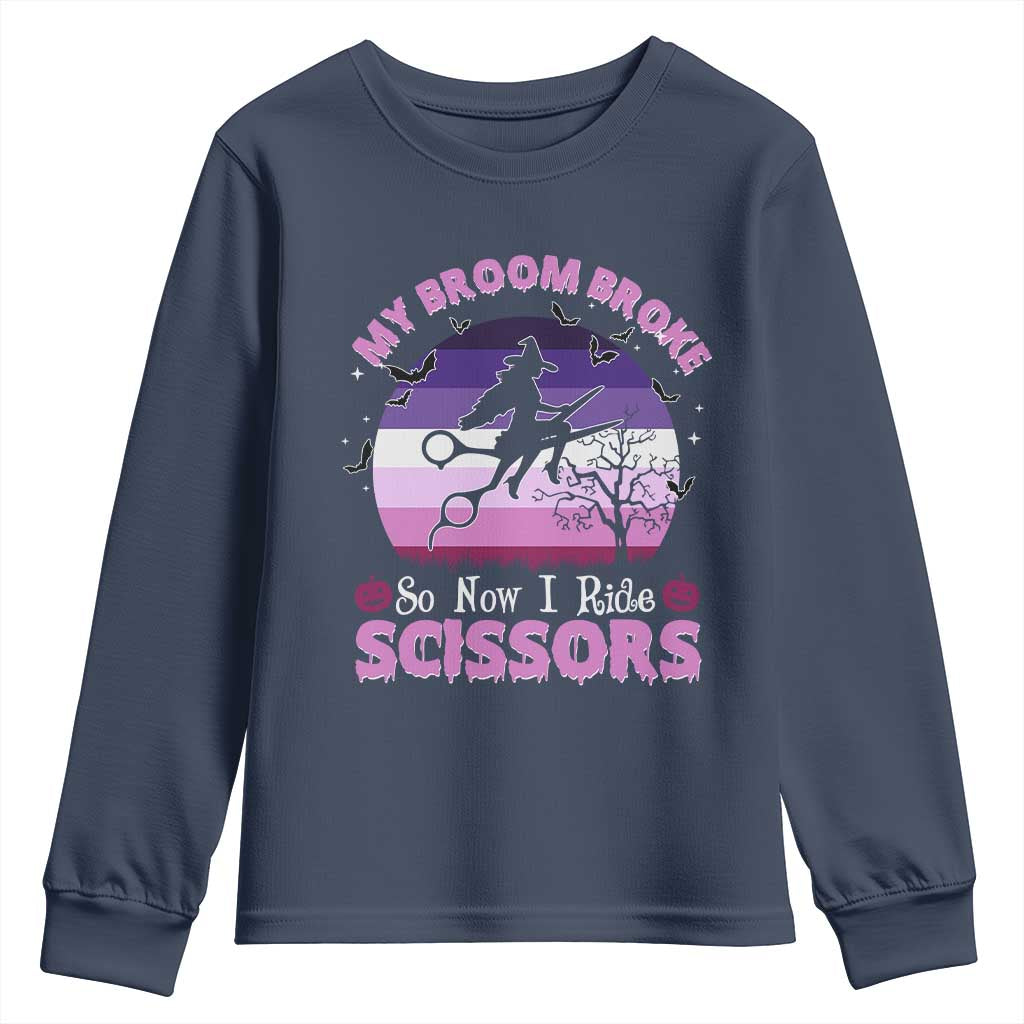 Funny Lesbian Witch Halloween Youth Sweatshirt My Broom Broke So Now I Ride Scissors - Wonder Print Shop