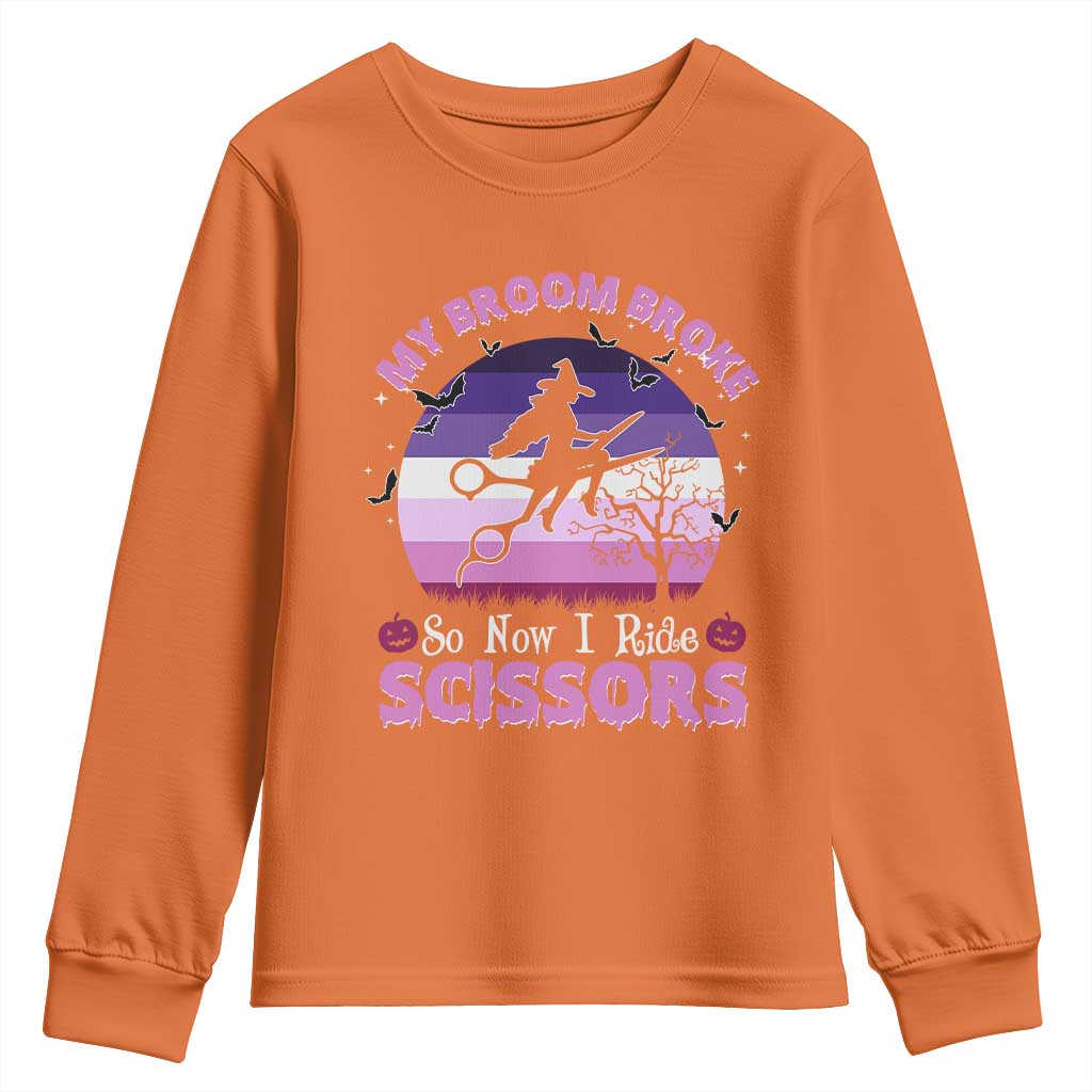 Funny Lesbian Witch Halloween Youth Sweatshirt My Broom Broke So Now I Ride Scissors - Wonder Print Shop