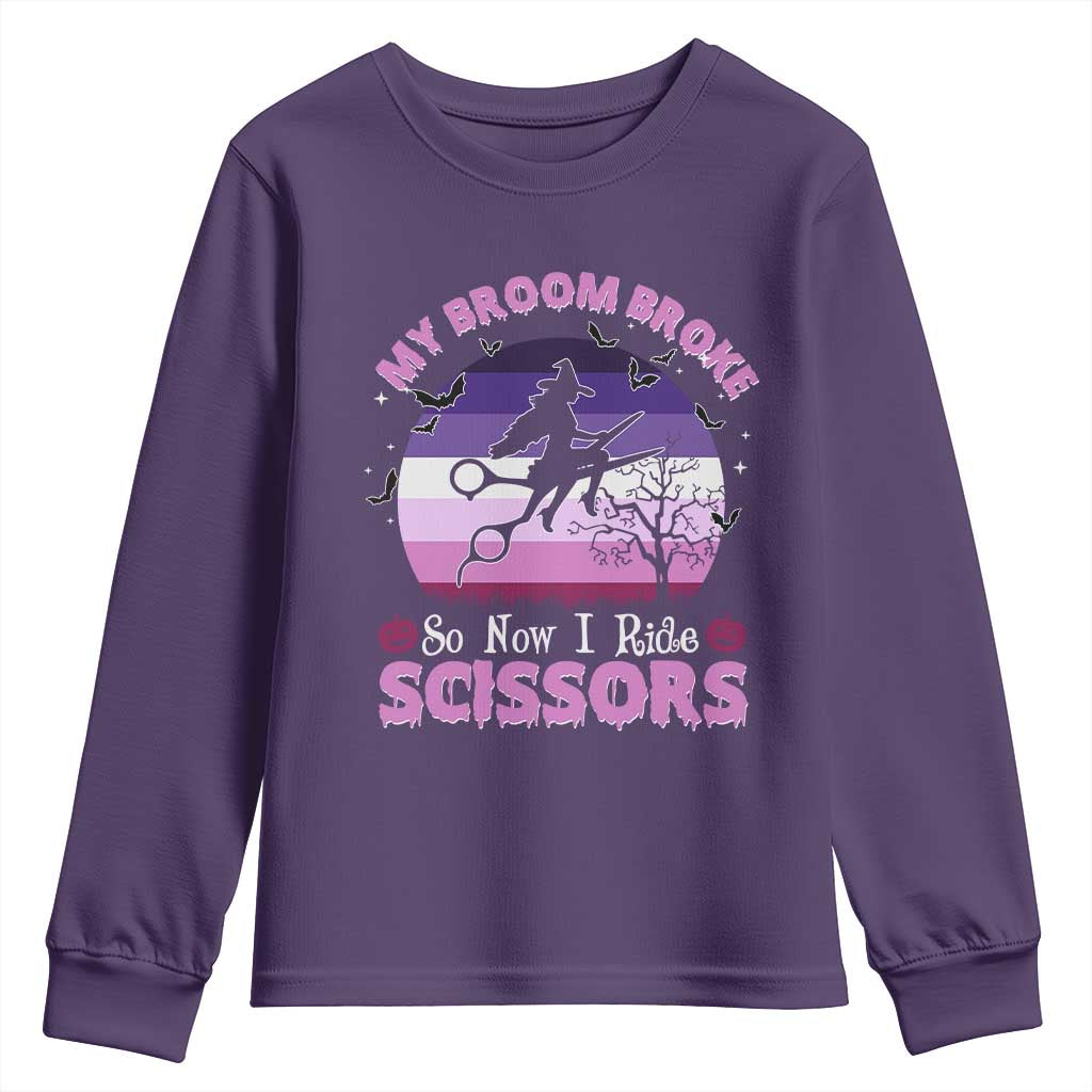 Funny Lesbian Witch Halloween Youth Sweatshirt My Broom Broke So Now I Ride Scissors - Wonder Print Shop