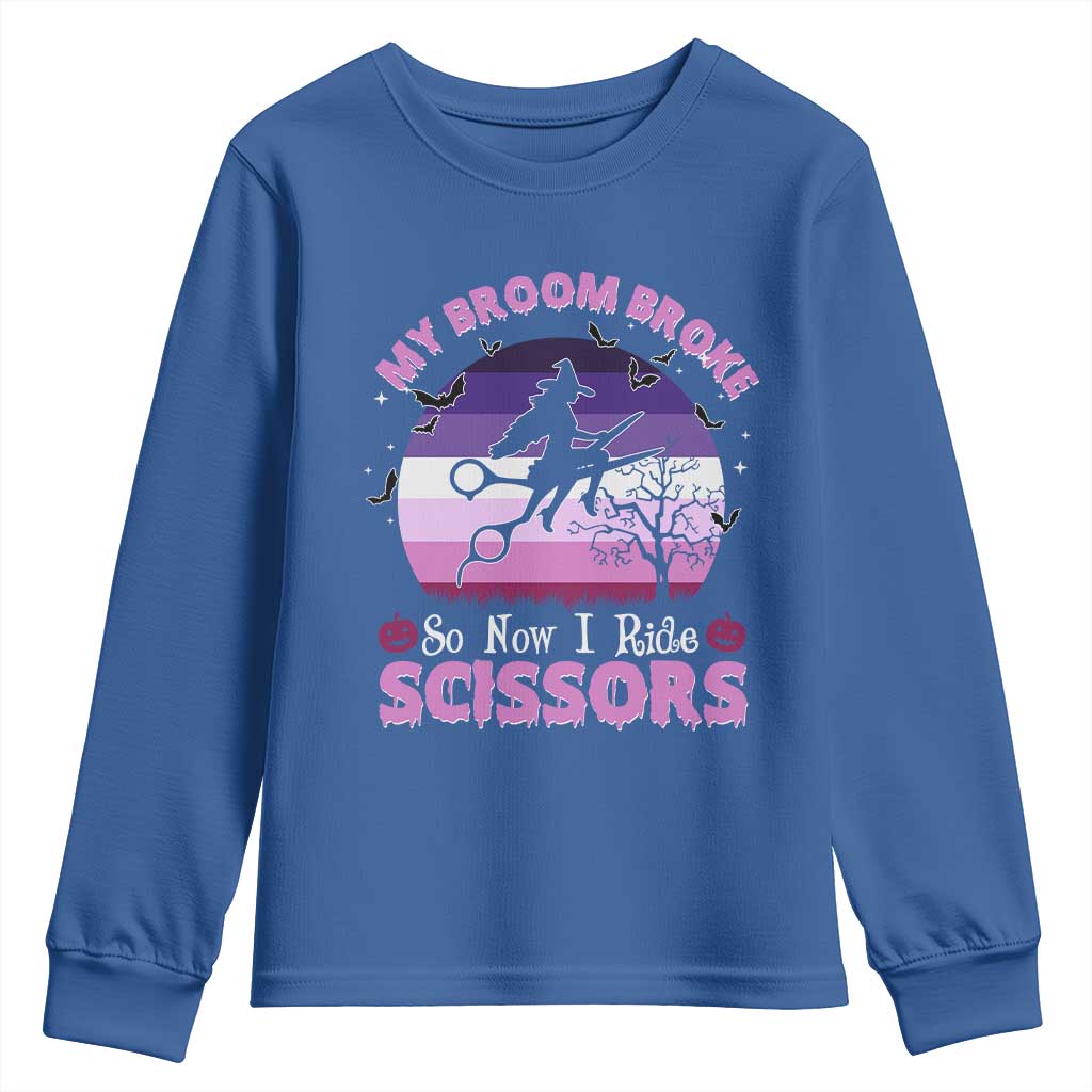 Funny Lesbian Witch Halloween Youth Sweatshirt My Broom Broke So Now I Ride Scissors - Wonder Print Shop