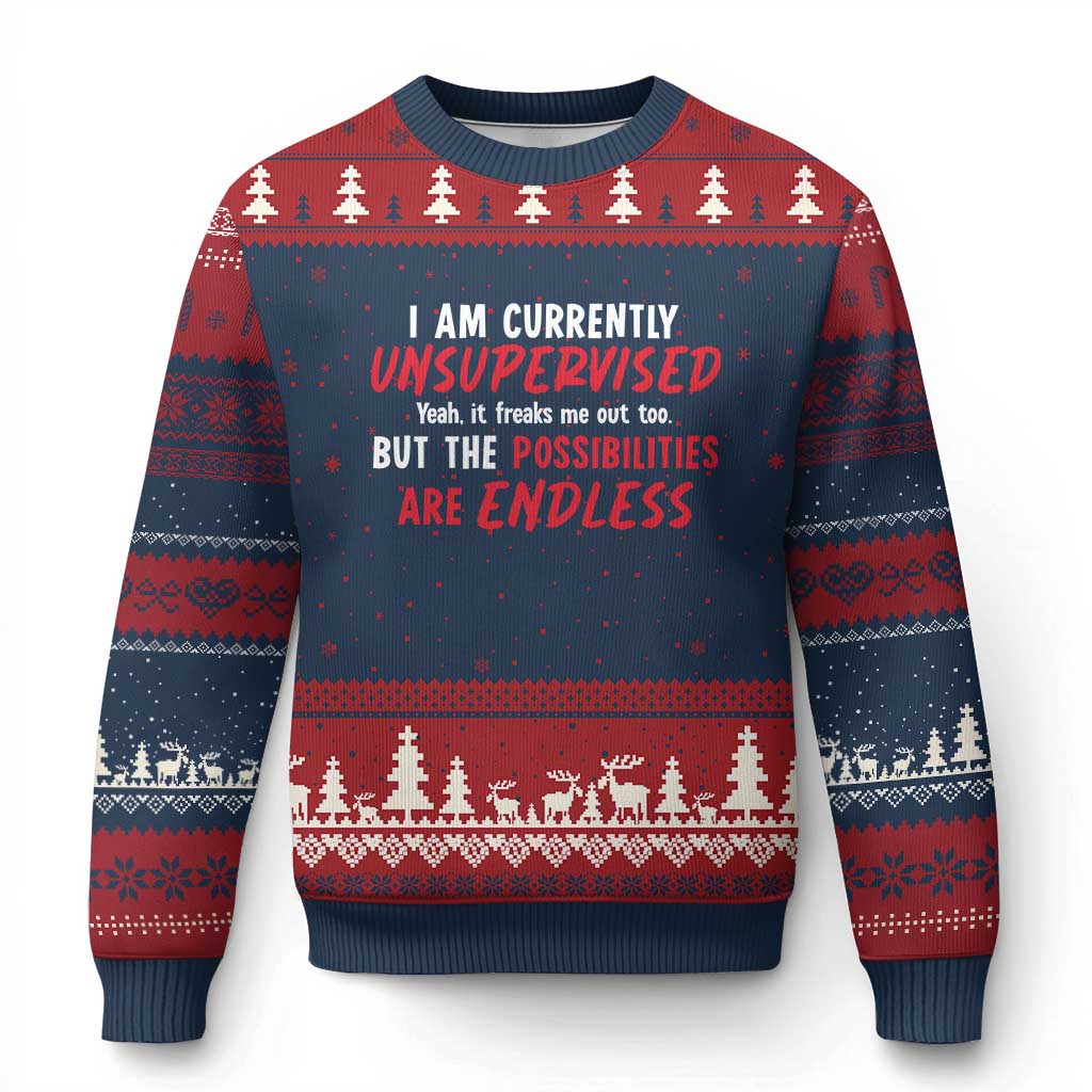 Funny I Am Currently Unsupervised But The Possibilities Are Endless Ugly Christmas Sweater