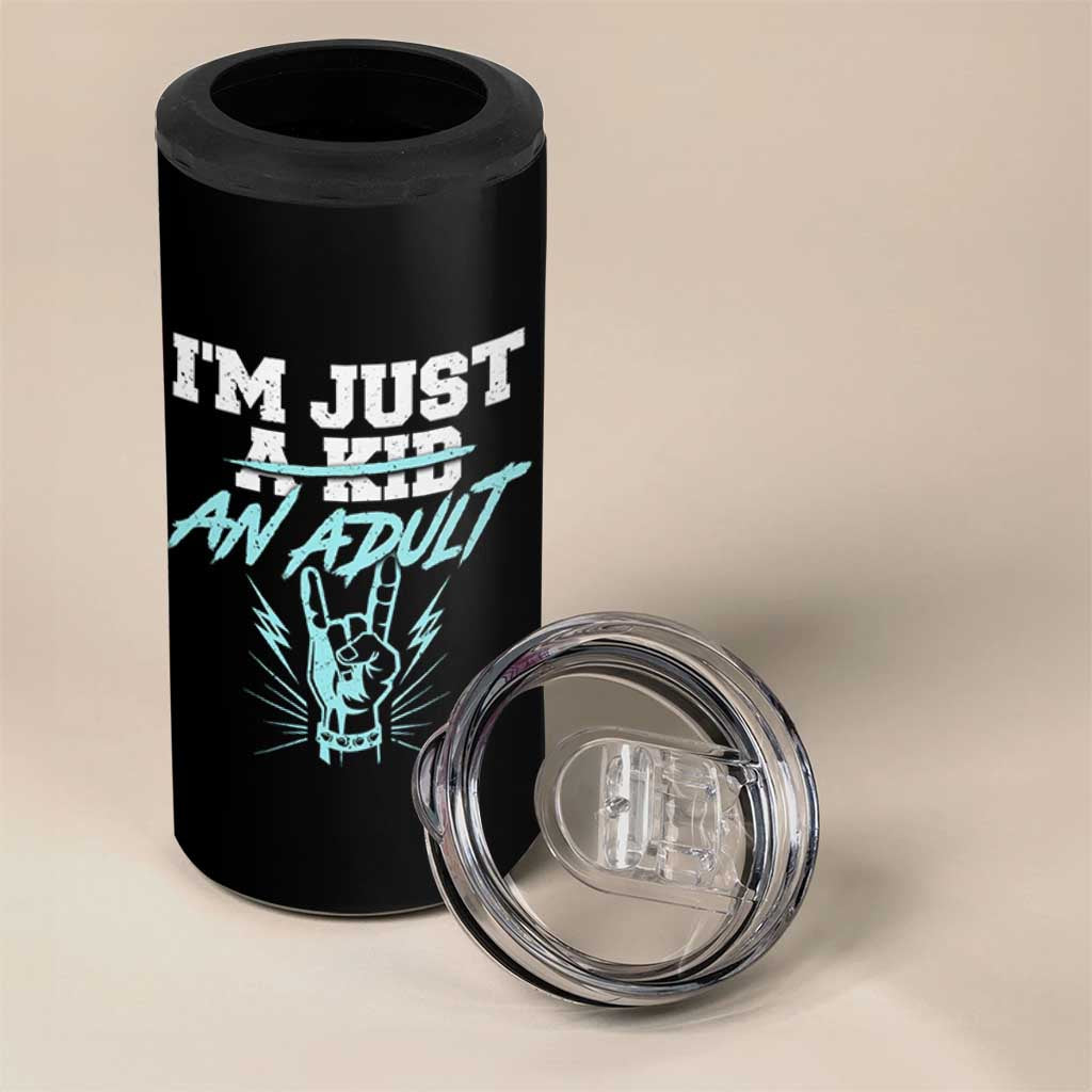 Funny Rock N Roll Lover 4 in 1 Can Cooler Tumbler I Am Just A Kid Adulthood Saying - Wonder Print Shop
