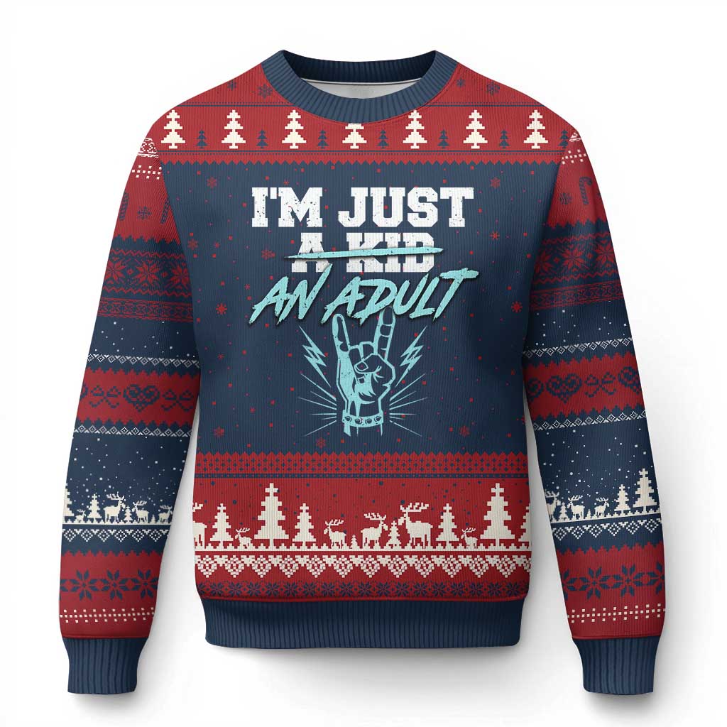 Funny Rock N Roll Lover Ugly Christmas Sweater I Am Just A Kid Adulthood Saying - Wonder Print Shop