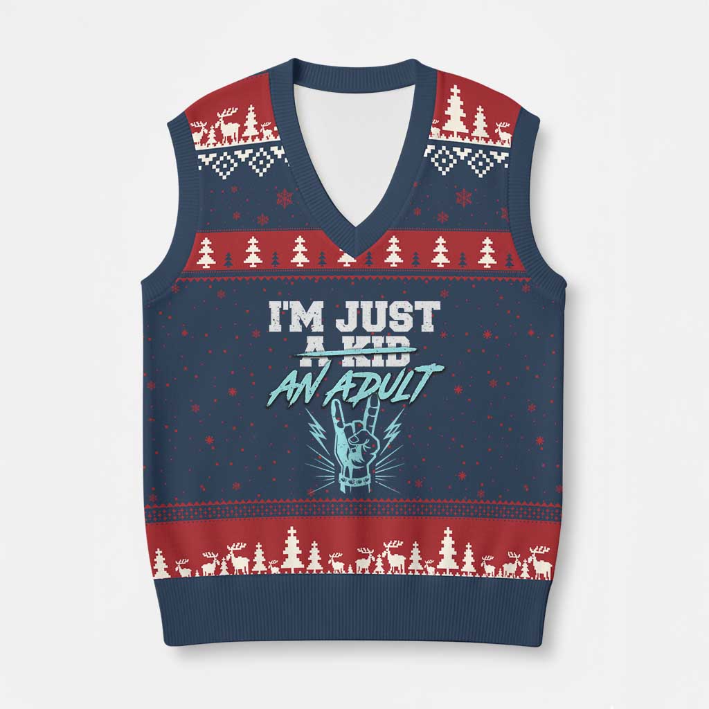Funny Rock N Roll Lover V-Neck Knit Sweater Vest I Am Just A Kid Adulthood Saying - Wonder Print Shop