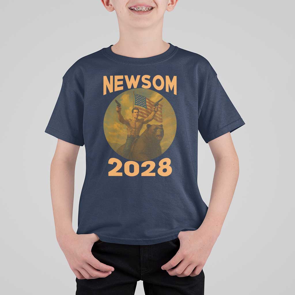 Gavin Newsom 2028 T Shirt For Kid Patriotic Leader President 48 Riding Bear - Wonder Print Shop