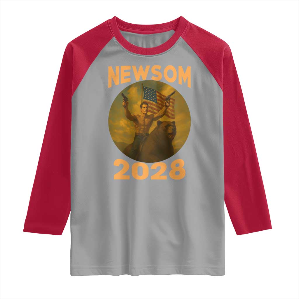 Gavin Newsom 2028 Raglan Shirt Patriotic Leader President 48 Riding Bear - Wonder Print Shop