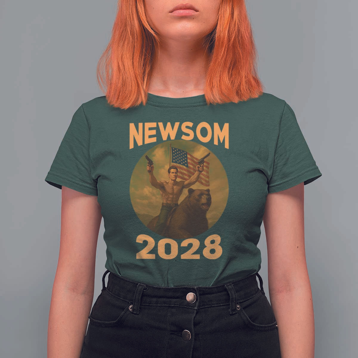 Gavin Newsom 2028 T Shirt For Women Patriotic Leader President 48 Riding Bear - Wonder Print Shop