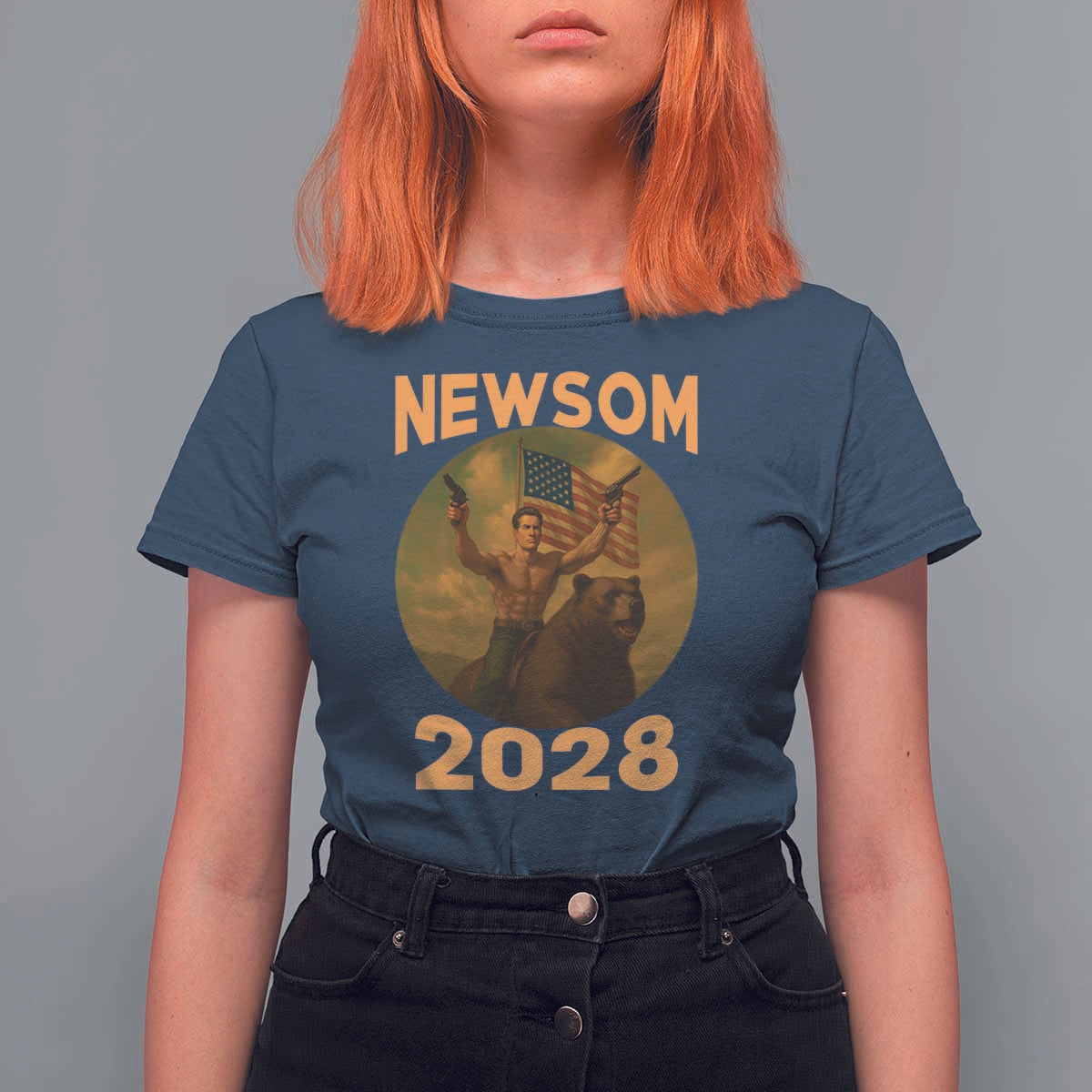 Gavin Newsom 2028 T Shirt For Women Patriotic Leader President 48 Riding Bear - Wonder Print Shop
