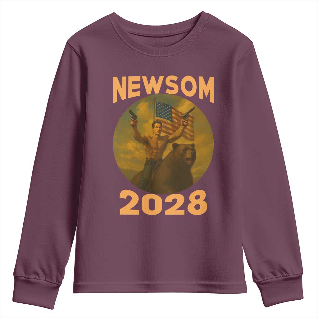 Gavin Newsom 2028 Youth Sweatshirt Patriotic Leader President 48 Riding Bear - Wonder Print Shop