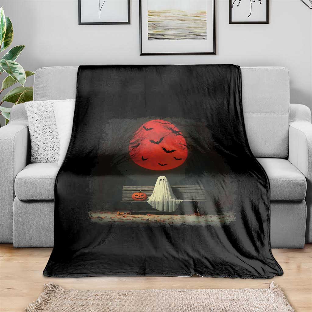 Halloween Lonely Ghost Bench Blood Moon Pumpkin Throw Blanket - Wonder Print Shop