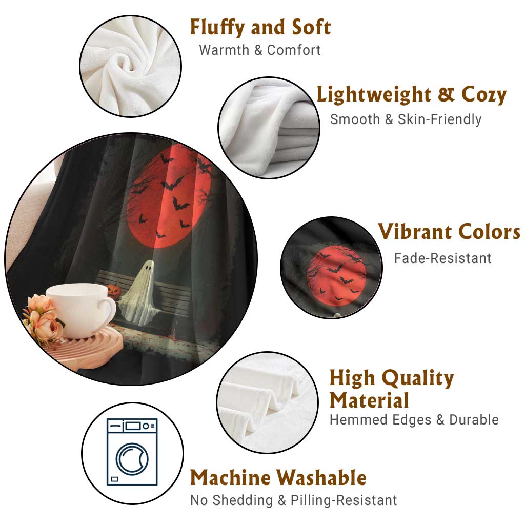 Halloween Lonely Ghost Bench Blood Moon Pumpkin Throw Blanket - Wonder Print Shop