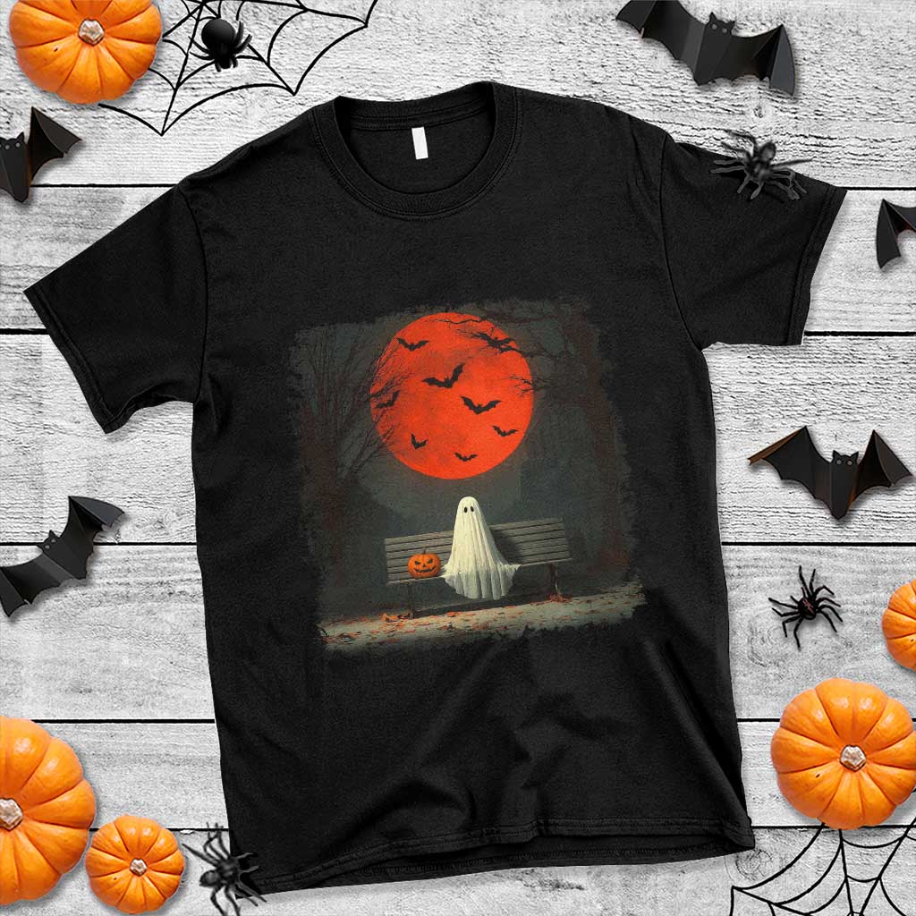 Halloween Lonely Ghost Bench Blood Moon Pumpkin T Shirt - Wonder Print Shop