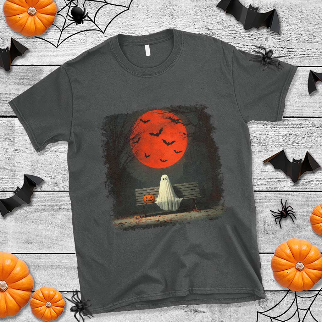 Halloween Lonely Ghost Bench Blood Moon Pumpkin T Shirt - Wonder Print Shop